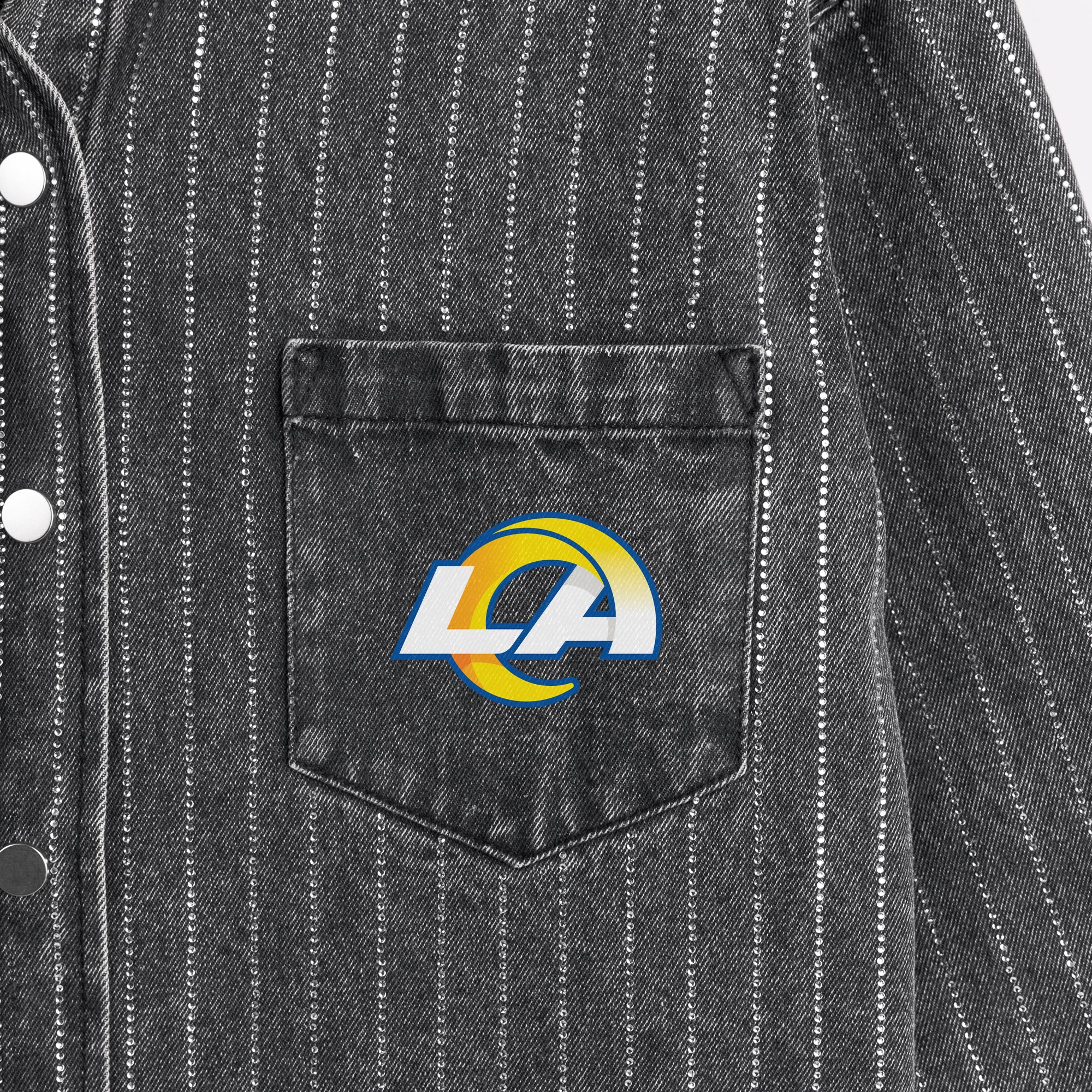 LOS ANGELES RAMS STYLES THE LIMIT MICRO-RHINESTONE DENIM OVERSHIRT IN BLACK