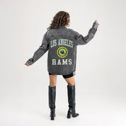 LOS ANGELES RAMS STYLES THE LIMIT MICRO-RHINESTONE DENIM OVERSHIRT IN BLACK