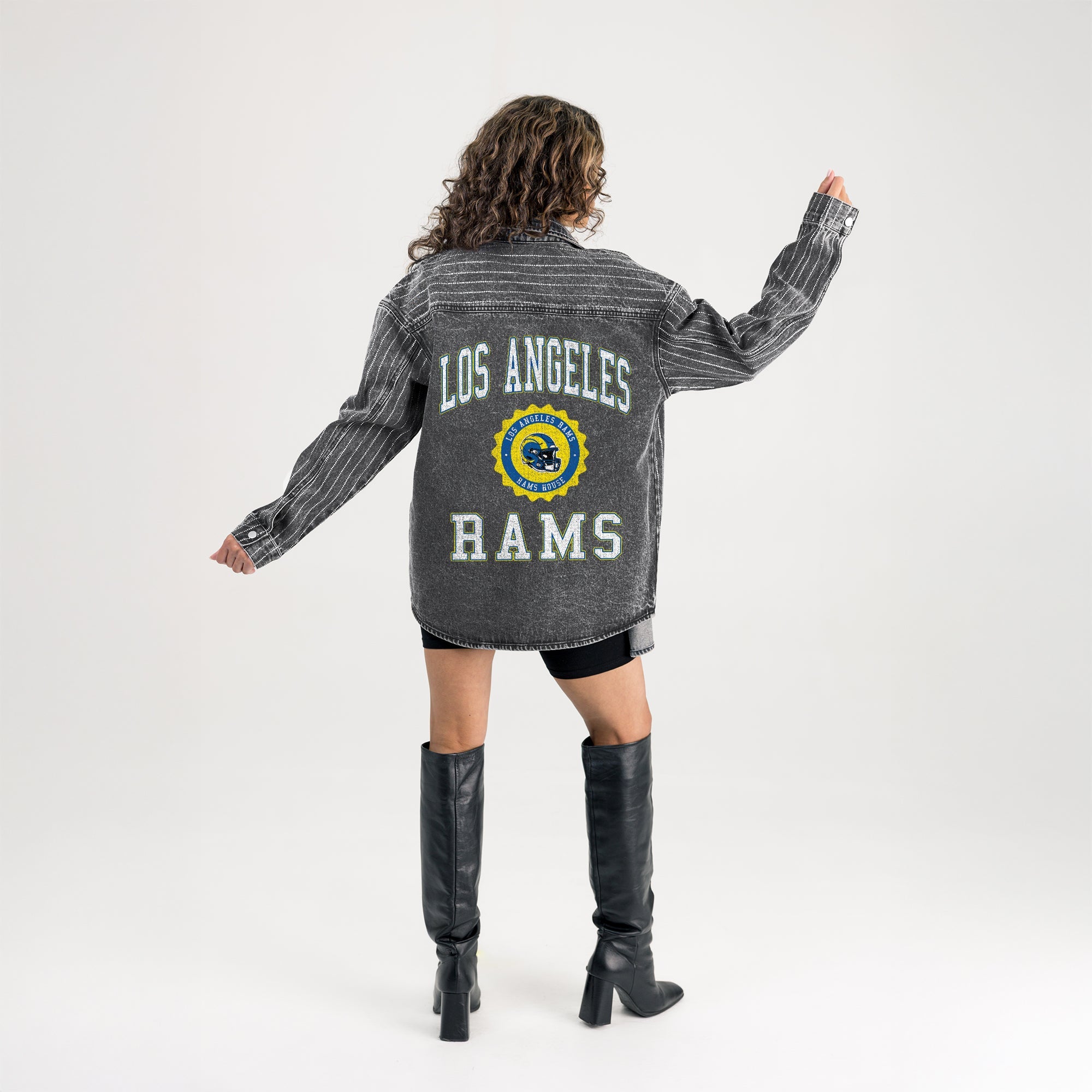 LOS ANGELES RAMS STYLES THE LIMIT MICRO-RHINESTONE DENIM OVERSHIRT IN BLACK