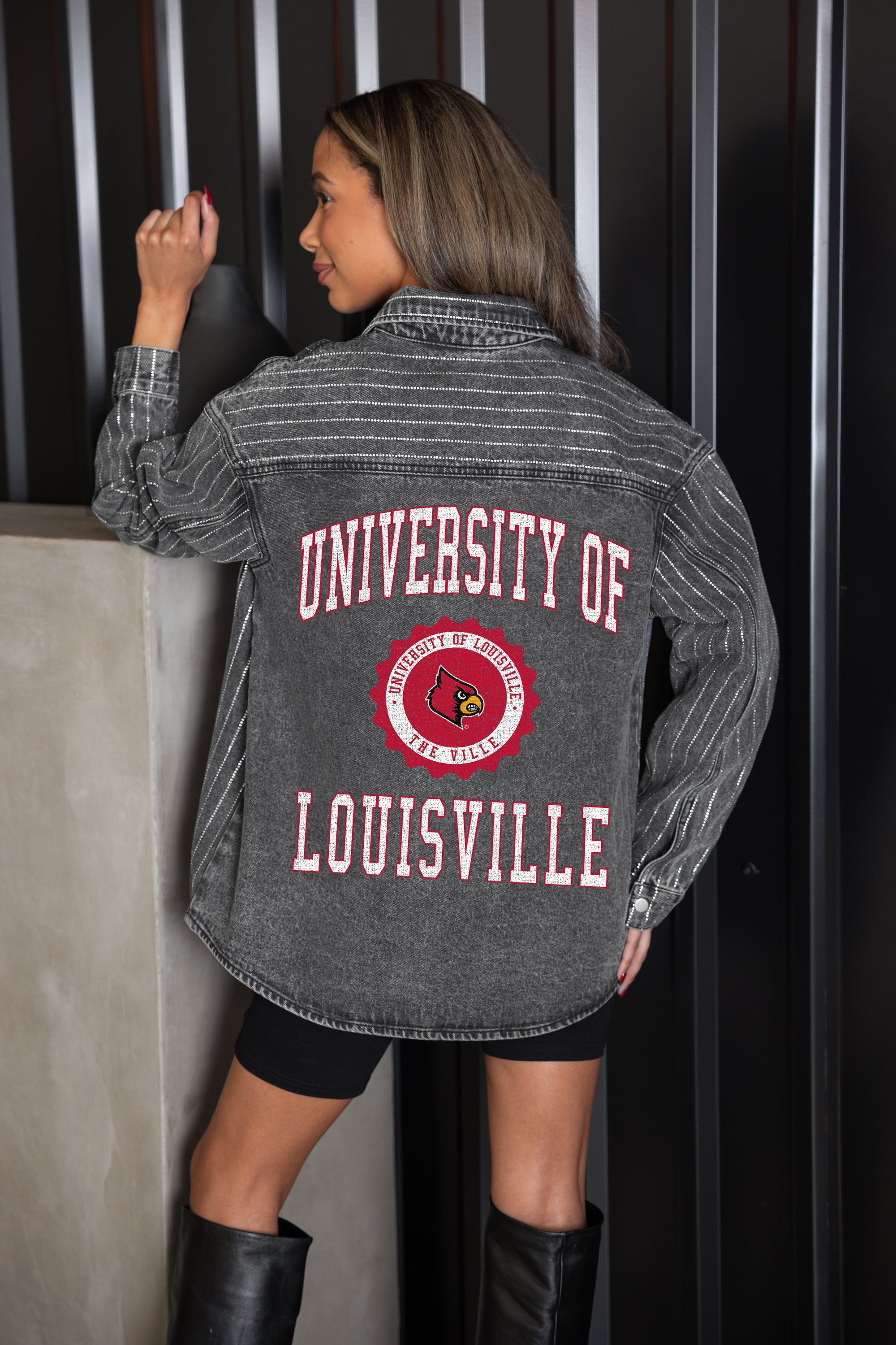 LOUISVILLE CARDINALS STYLES THE LIMIT MICRO-RHINESTONE DENIM OVERSHIRT IN BLACK