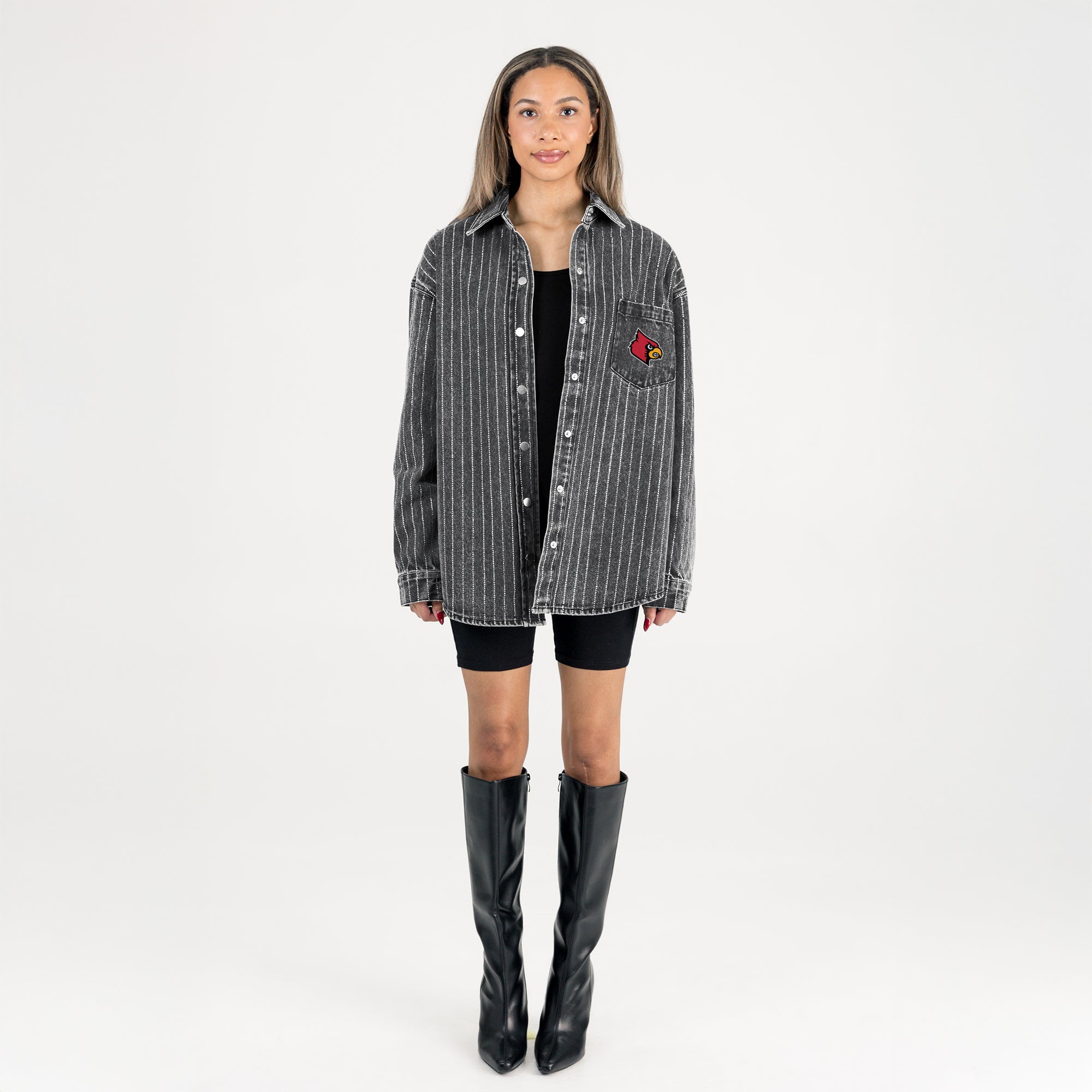 LOUISVILLE CARDINALS STYLES THE LIMIT MICRO-RHINESTONE DENIM OVERSHIRT IN BLACK