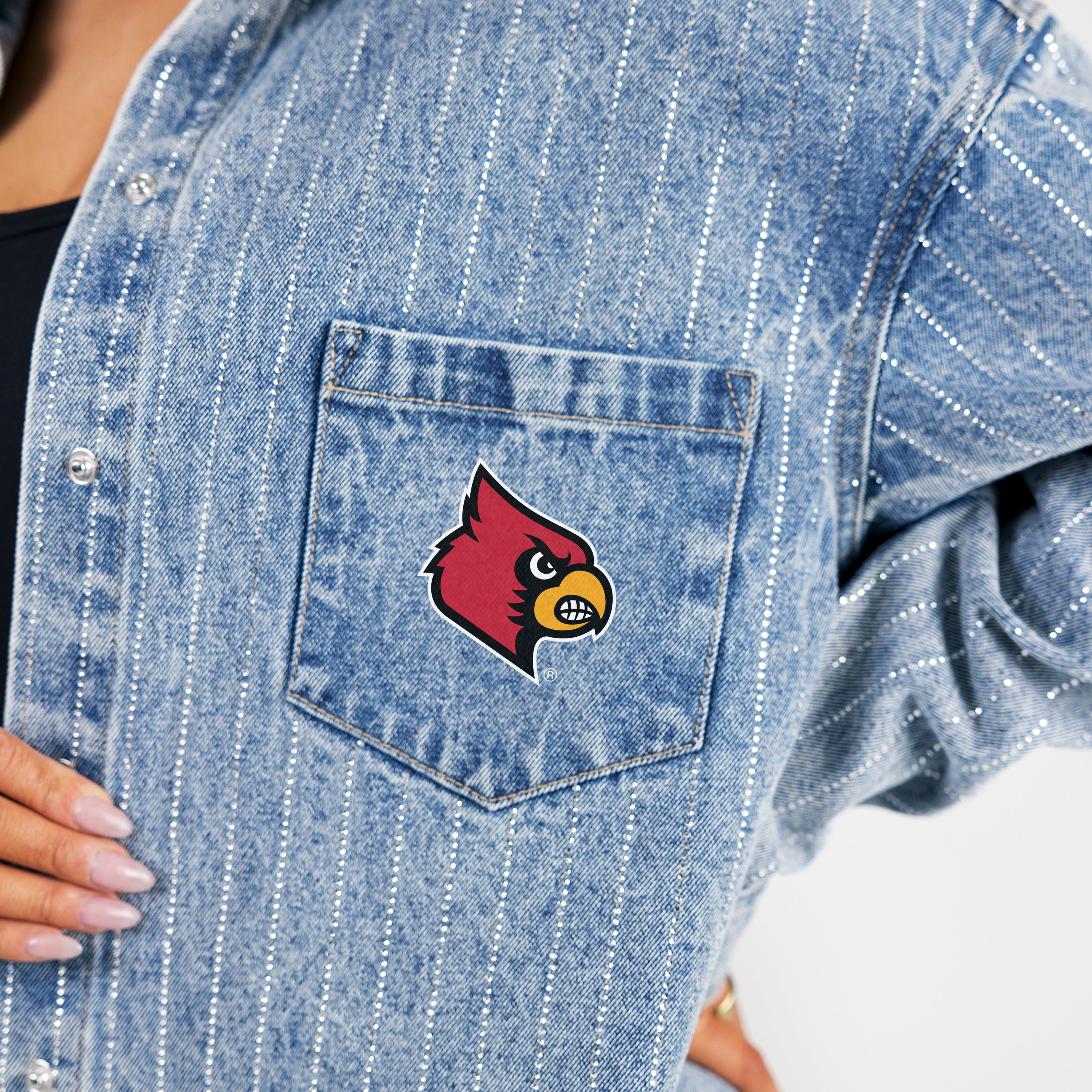 LOUISVILLE CARDINALS STYLES THE LIMIT MICRO-RHINESTONE DENIM OVERSHIRT