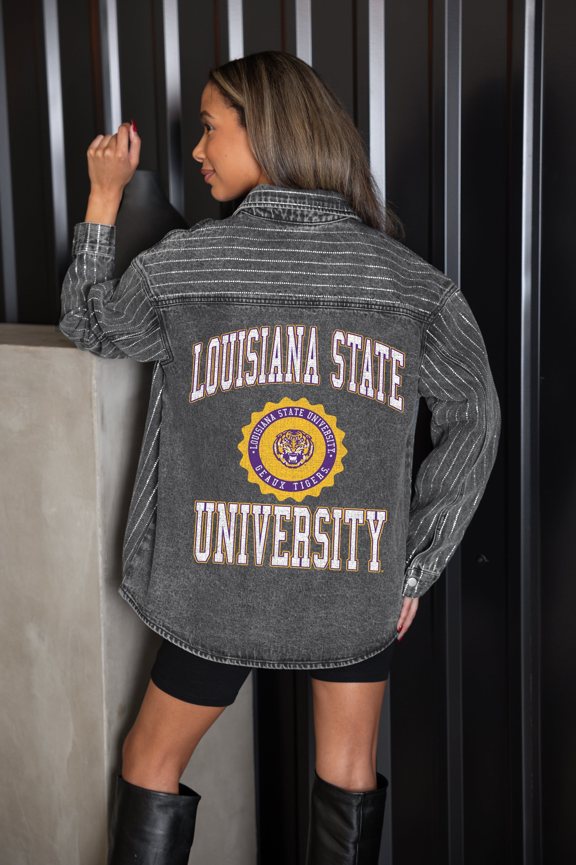 LSU TIGERS STYLES THE LIMIT MICRO-RHINESTONE DENIM OVERSHIRT IN BLACK