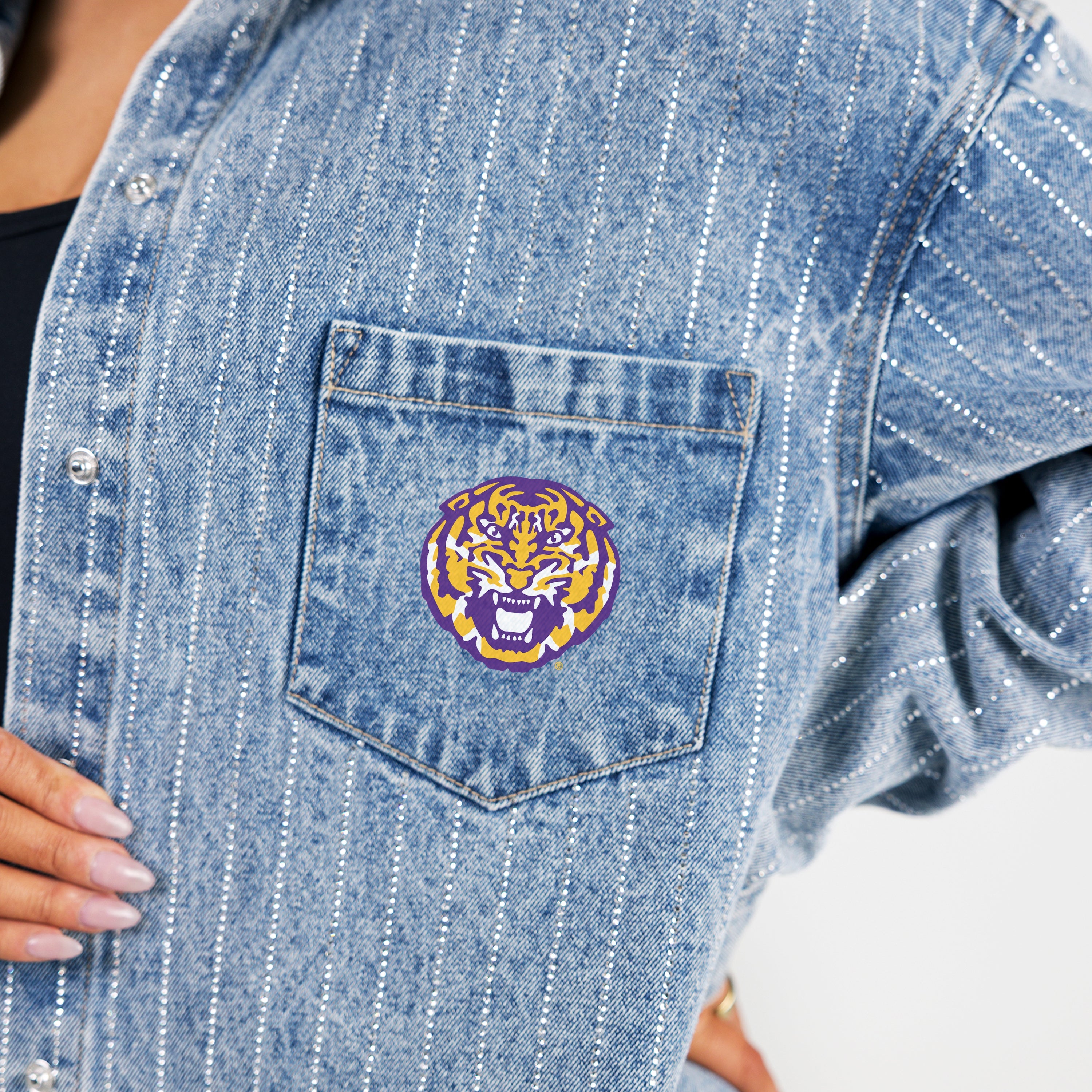 LSU TIGERS STYLES THE LIMIT MICRO-RHINESTONE DENIM OVERSHIRT