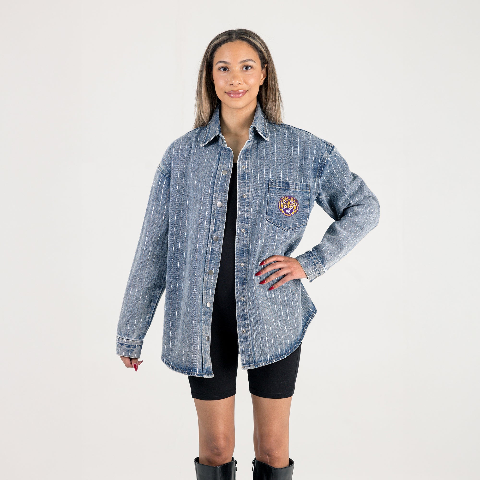 LSU TIGERS STYLES THE LIMIT MICRO-RHINESTONE DENIM OVERSHIRT