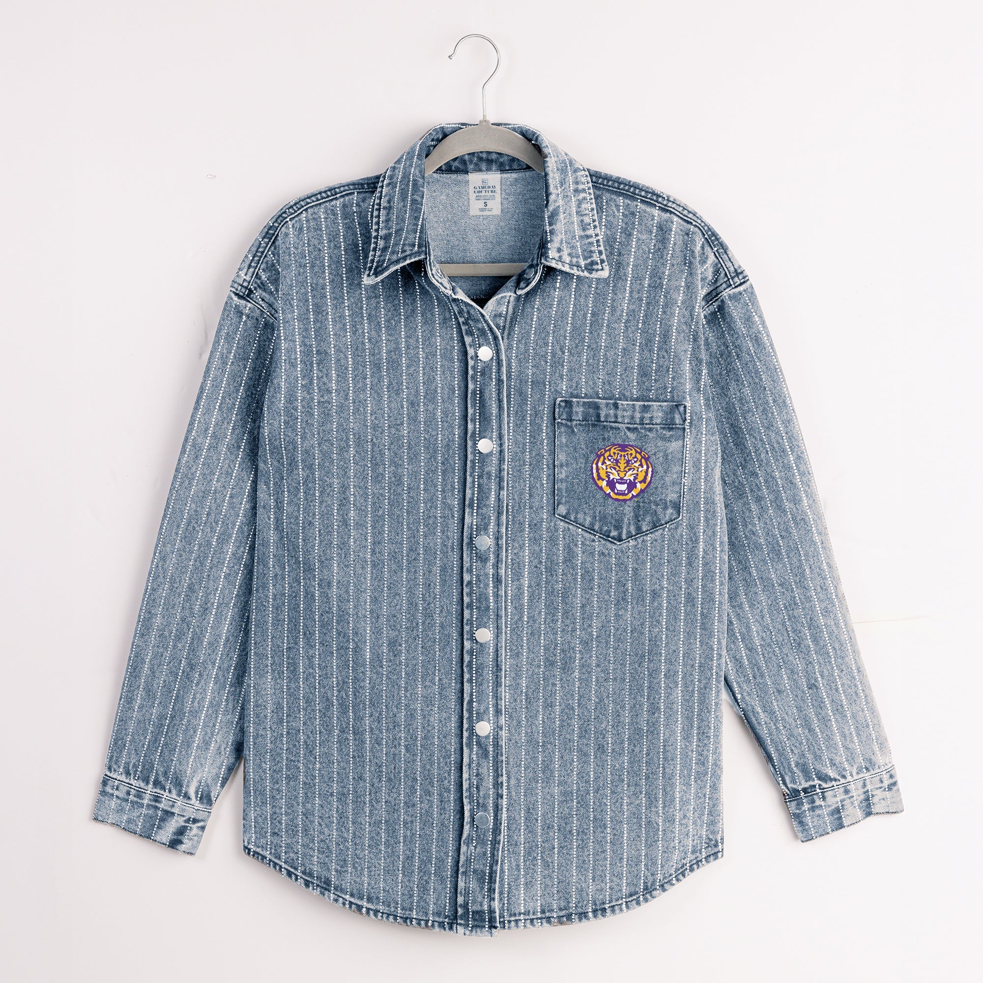 LSU TIGERS STYLES THE LIMIT MICRO-RHINESTONE DENIM OVERSHIRT