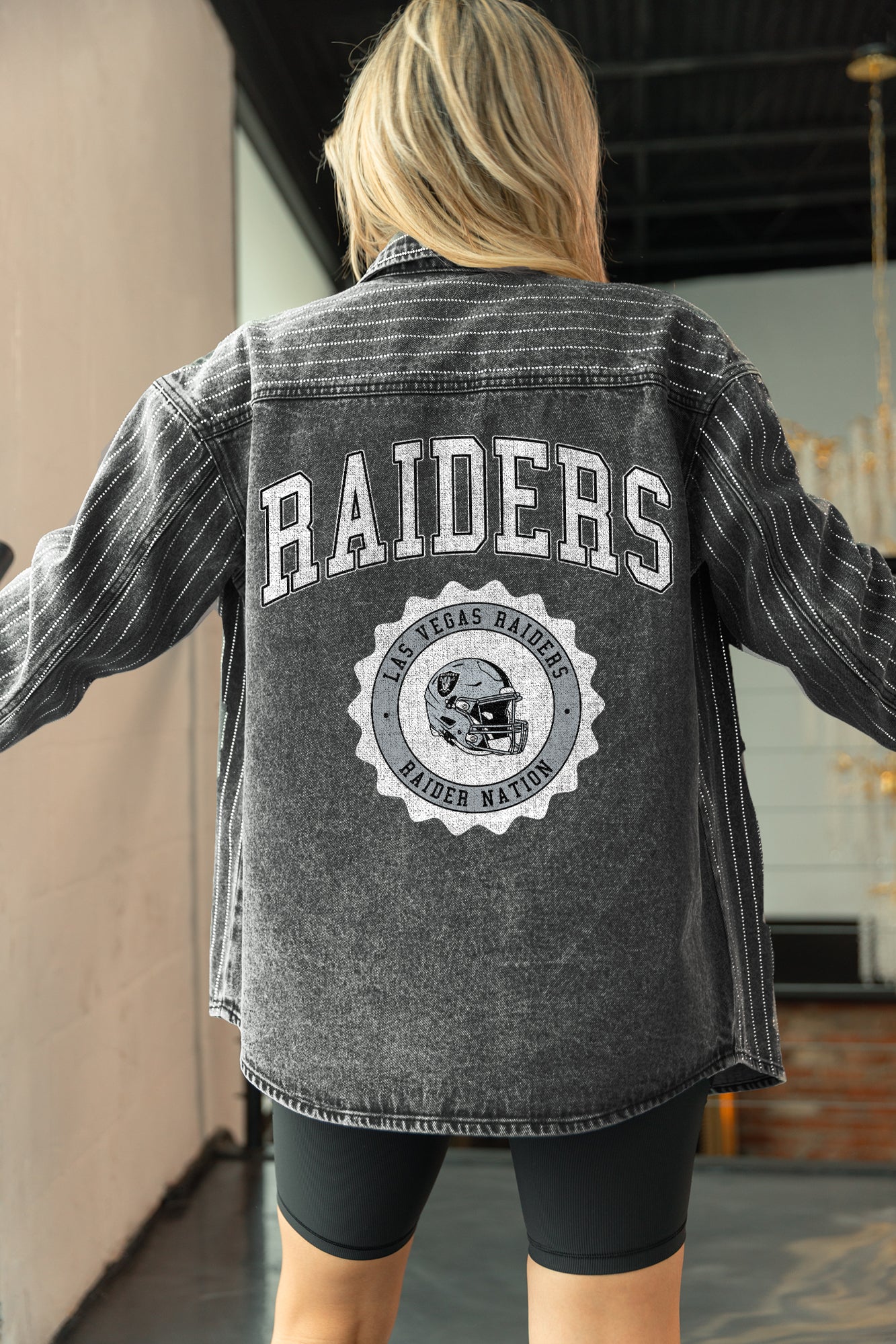 LAS VEGAS RAIDERS STYLES THE LIMIT MICRO-RHINESTONE DENIM OVERSHIRT IN BLACK