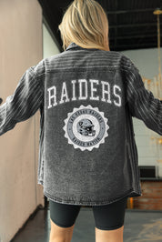 LAS VEGAS RAIDERS STYLES THE LIMIT MICRO-RHINESTONE DENIM OVERSHIRT IN BLACK