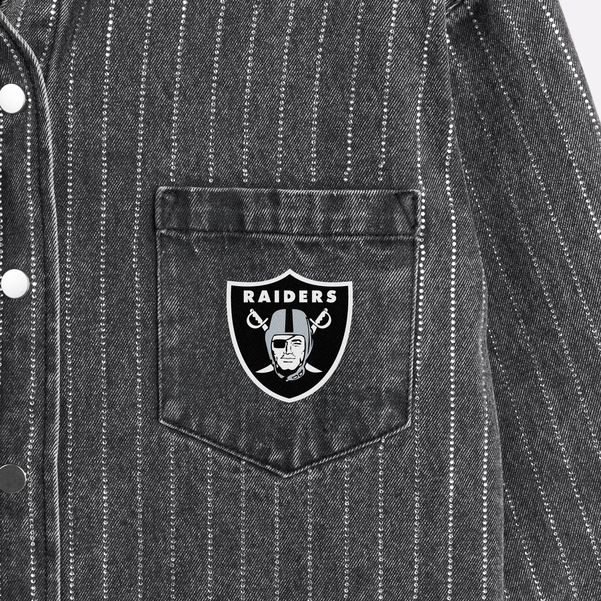 LAS VEGAS RAIDERS STYLES THE LIMIT MICRO-RHINESTONE DENIM OVERSHIRT IN BLACK