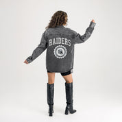 LAS VEGAS RAIDERS STYLES THE LIMIT MICRO-RHINESTONE DENIM OVERSHIRT IN BLACK