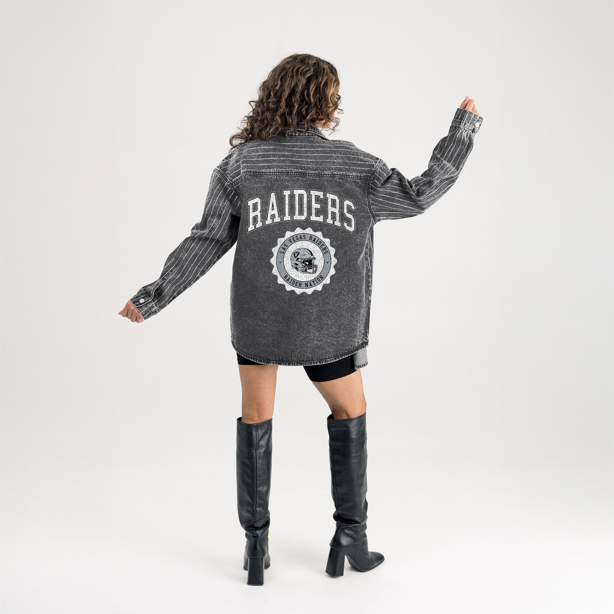 LAS VEGAS RAIDERS STYLES THE LIMIT MICRO-RHINESTONE DENIM OVERSHIRT IN BLACK