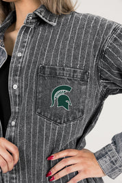 MICHIGAN STATE SPARTANS STYLES THE LIMIT MICRO-RHINESTONE DENIM OVERSHIRT IN BLACK