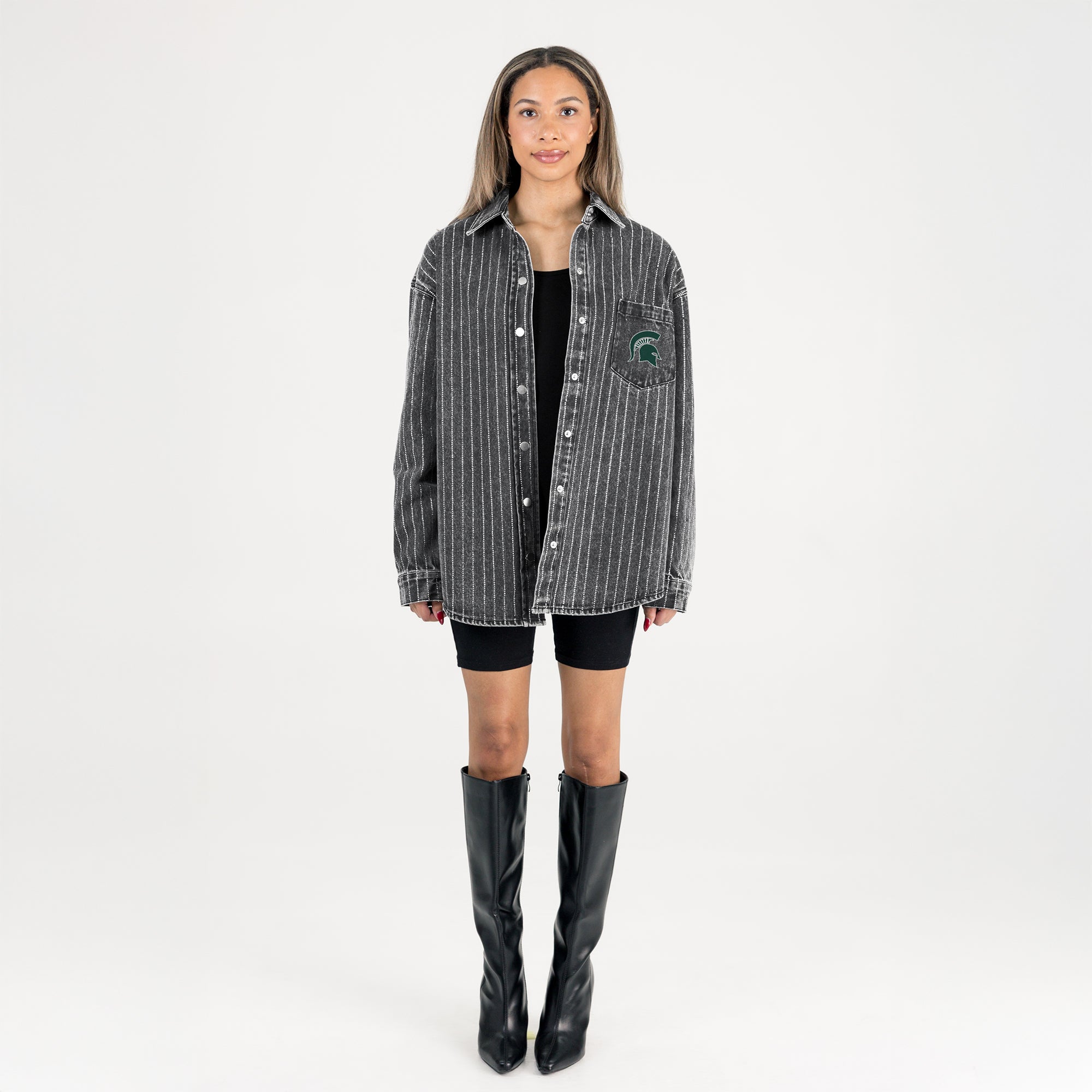 MICHIGAN STATE SPARTANS STYLES THE LIMIT MICRO-RHINESTONE DENIM OVERSHIRT IN BLACK
