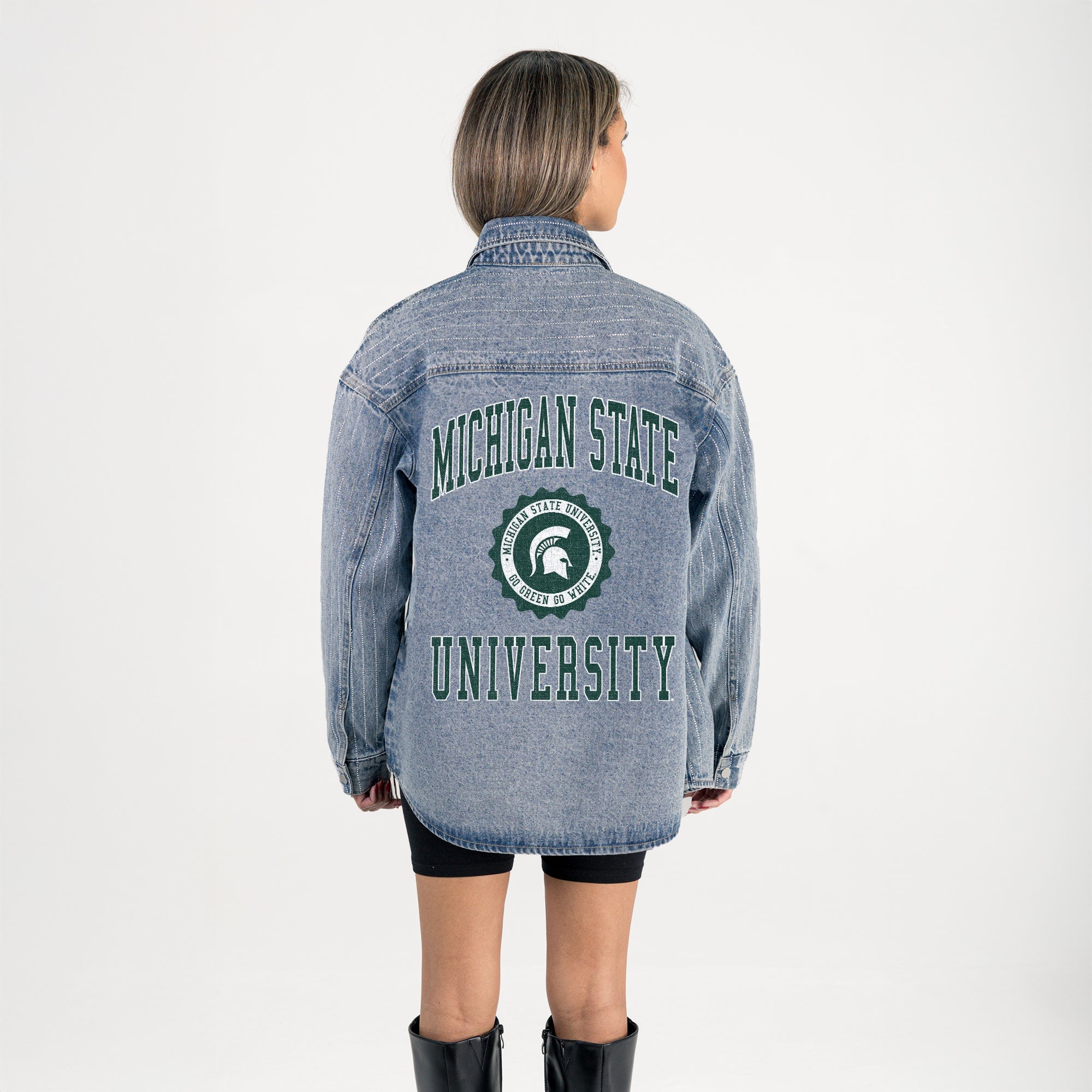 MICHIGAN STATE SPARTANS STYLES THE LIMIT MICRO-RHINESTONE DENIM OVERSHIRT
