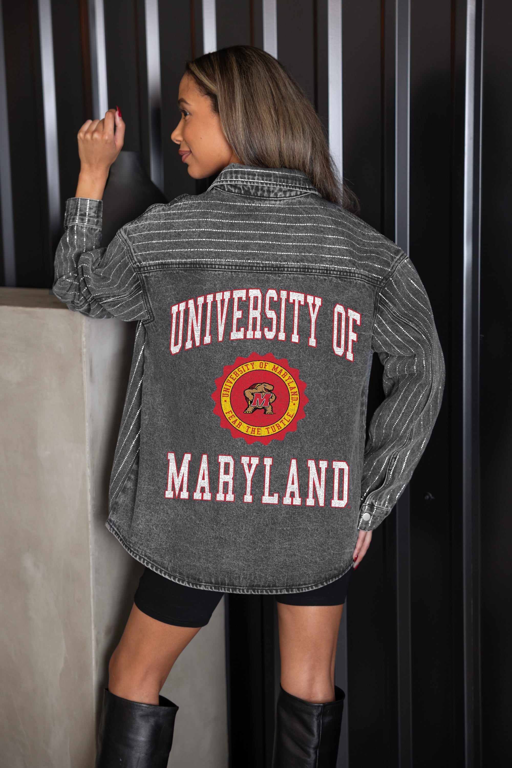 MARYLAND TERRAPINS STYLES THE LIMIT MICRO-RHINESTONE DENIM OVERSHIRT IN BLACK