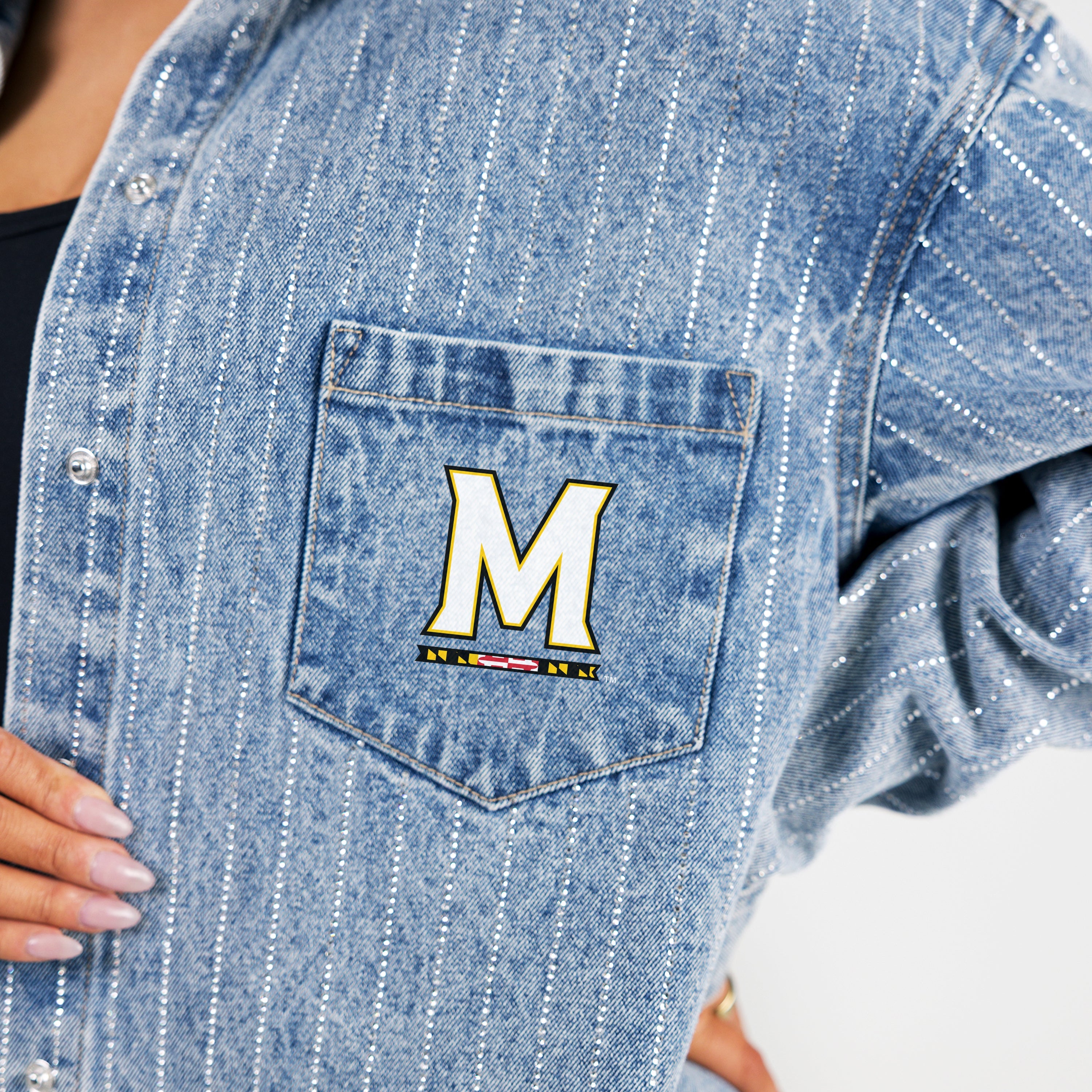 MARYLAND TERRAPINS STYLES THE LIMIT MICRO-RHINESTONE DENIM OVERSHIRT