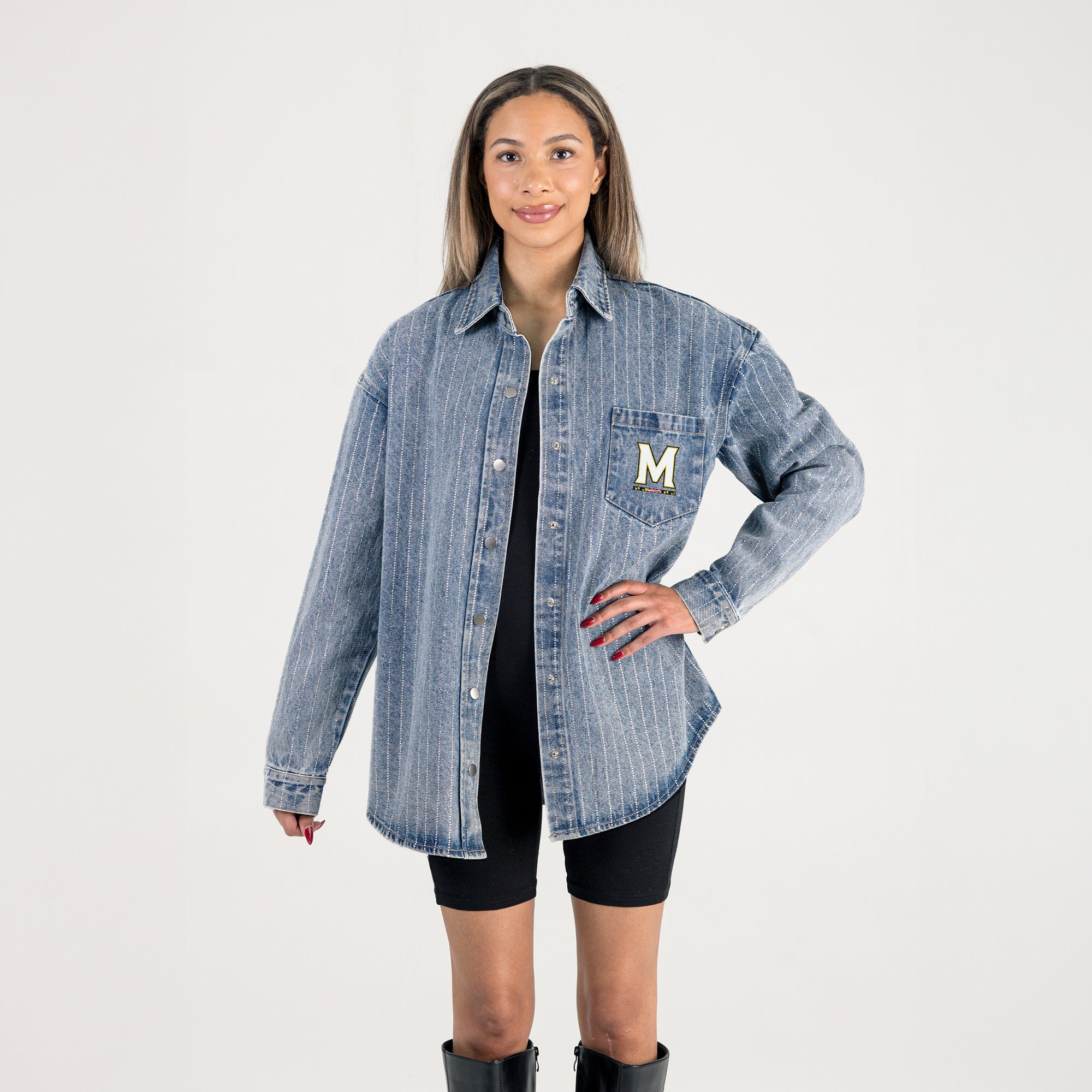 MARYLAND TERRAPINS STYLES THE LIMIT MICRO-RHINESTONE DENIM OVERSHIRT