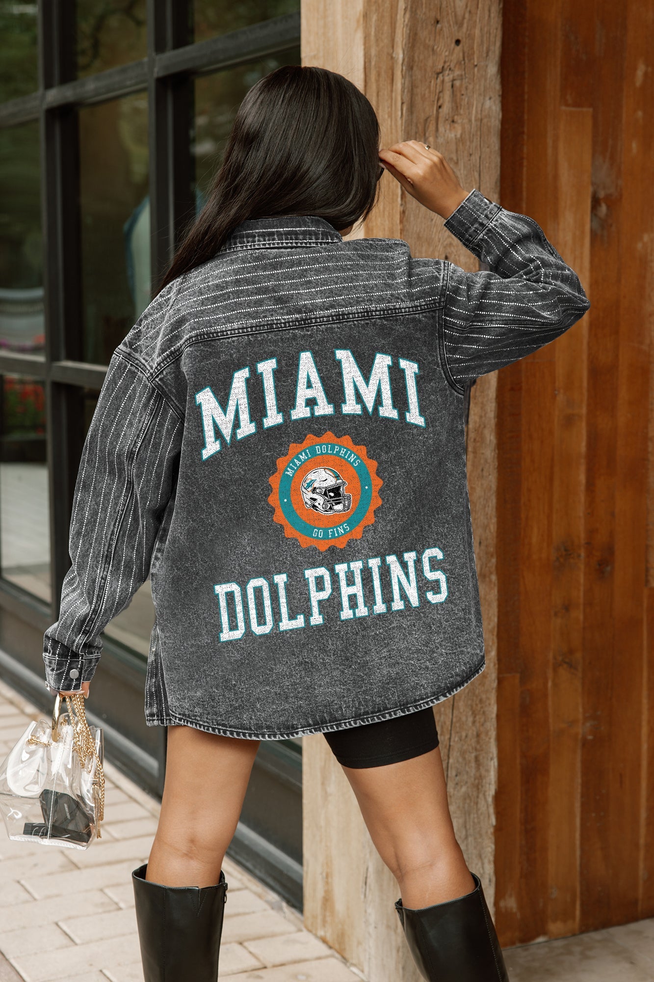 MIAMI DOLPHINS STYLES THE LIMIT MICRO-RHINESTONE DENIM OVERSHIRT IN BLACK