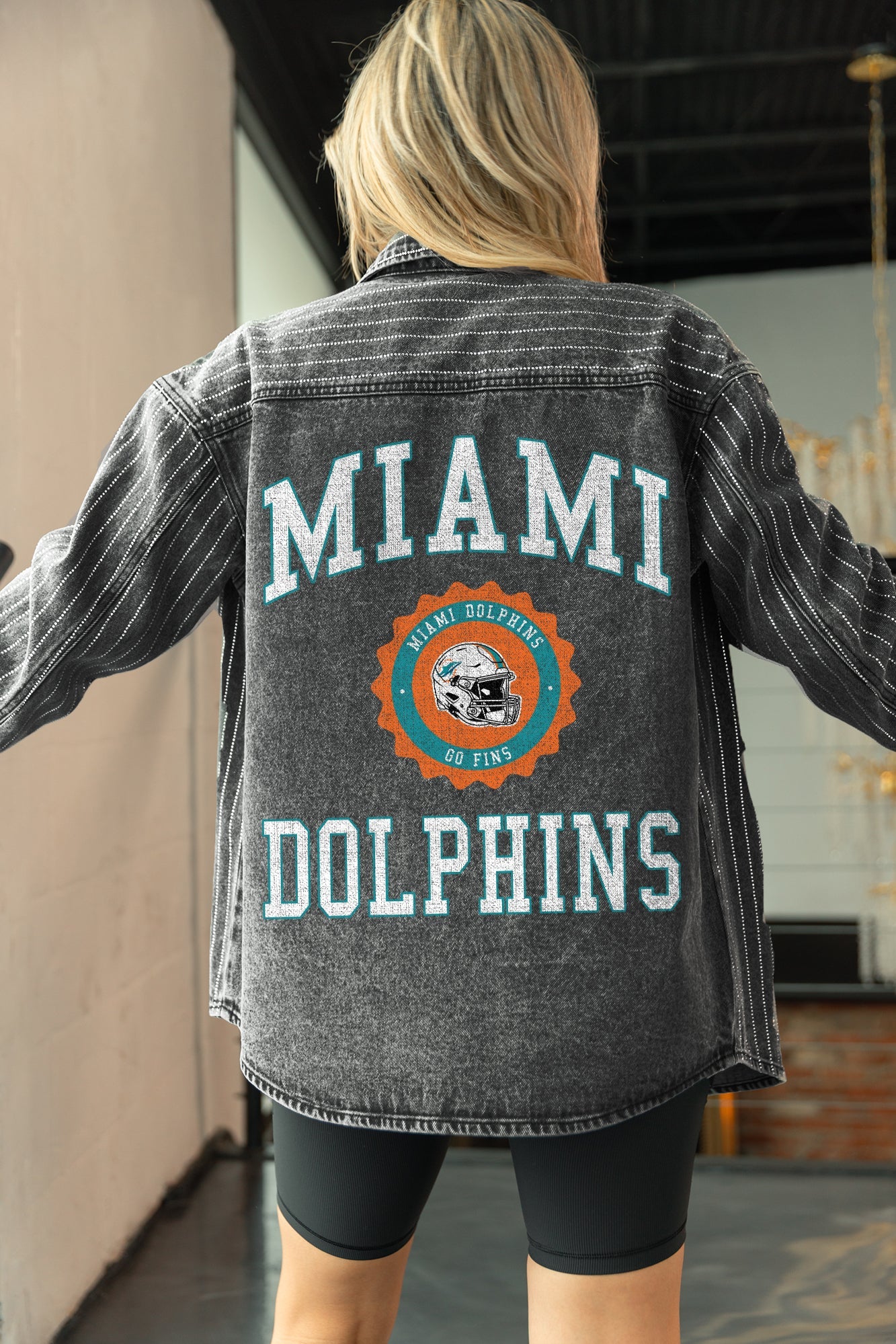 MIAMI DOLPHINS STYLES THE LIMIT MICRO-RHINESTONE DENIM OVERSHIRT IN BLACK