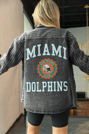 MIAMI DOLPHINS STYLES THE LIMIT MICRO-RHINESTONE DENIM OVERSHIRT IN BLACK