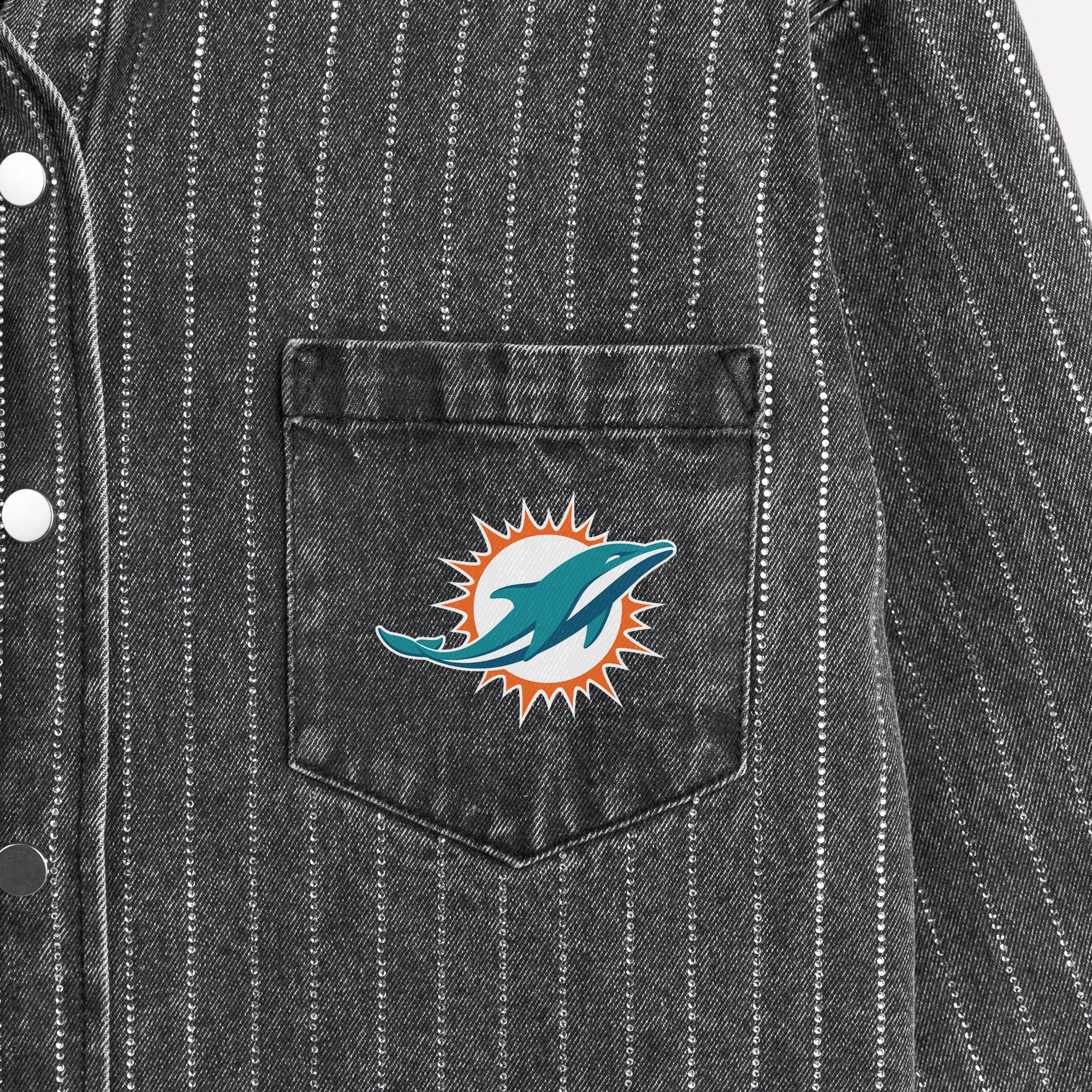 MIAMI DOLPHINS STYLES THE LIMIT MICRO-RHINESTONE DENIM OVERSHIRT IN BLACK