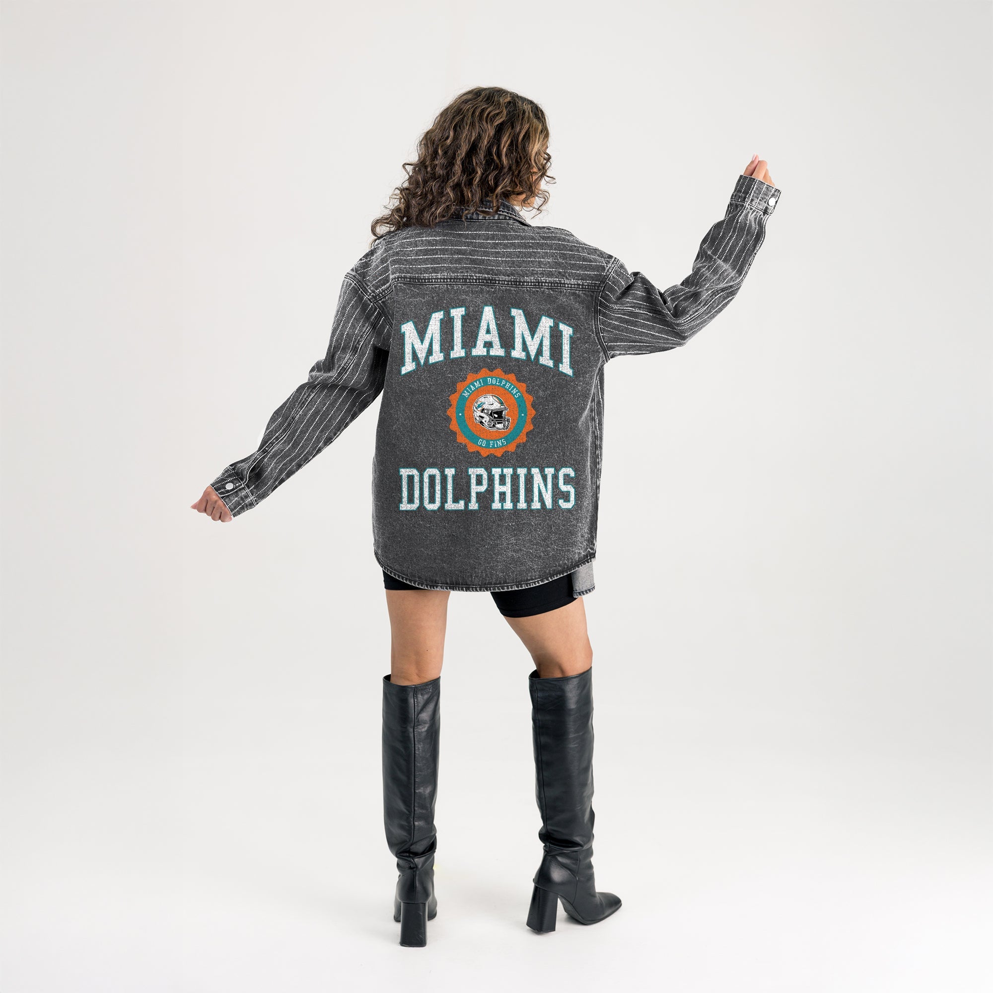 MIAMI DOLPHINS STYLES THE LIMIT MICRO-RHINESTONE DENIM OVERSHIRT IN BLACK