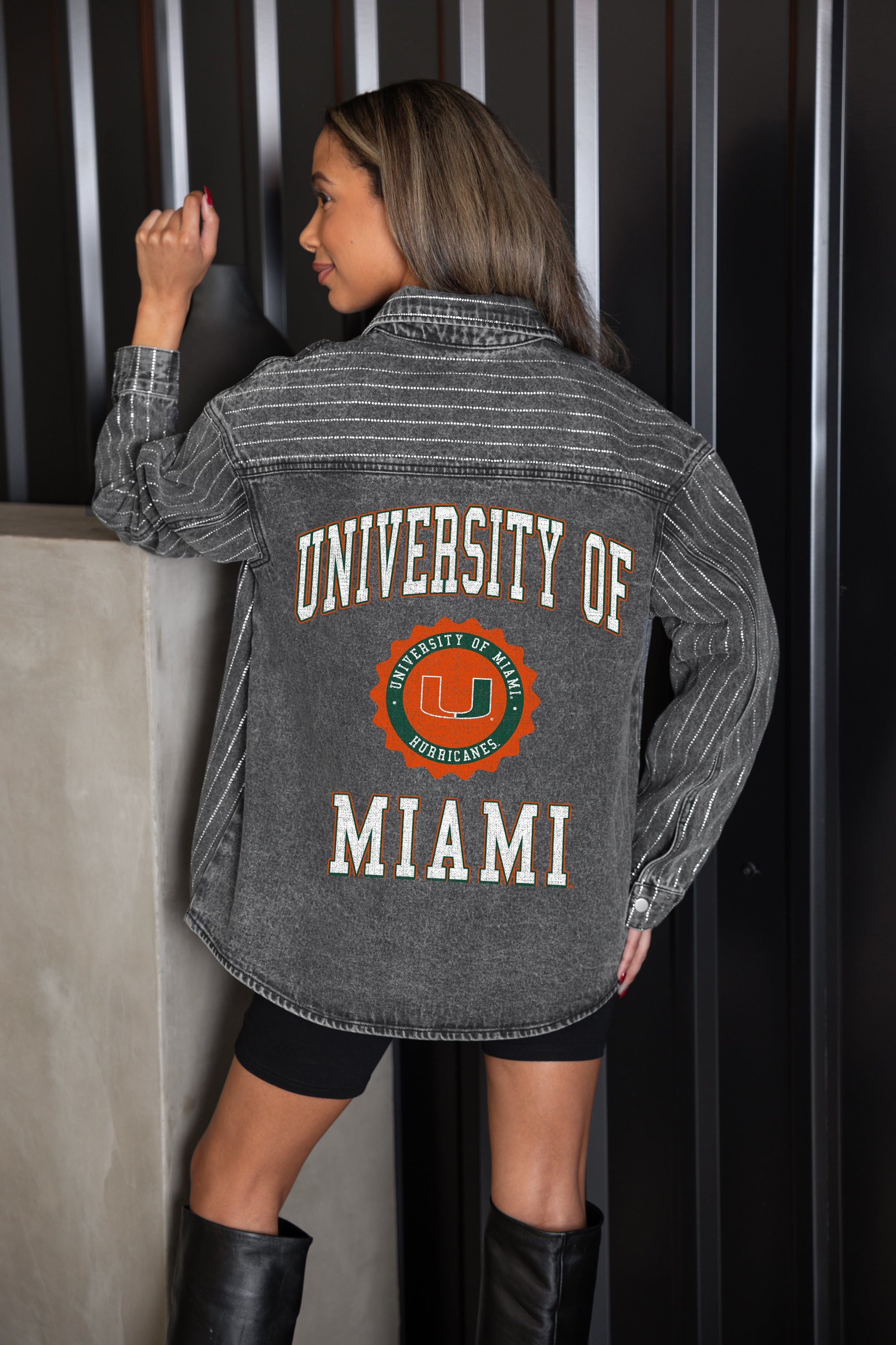 MIAMI HURRICANES STYLES THE LIMIT MICRO-RHINESTONE DENIM OVERSHIRT IN BLACK