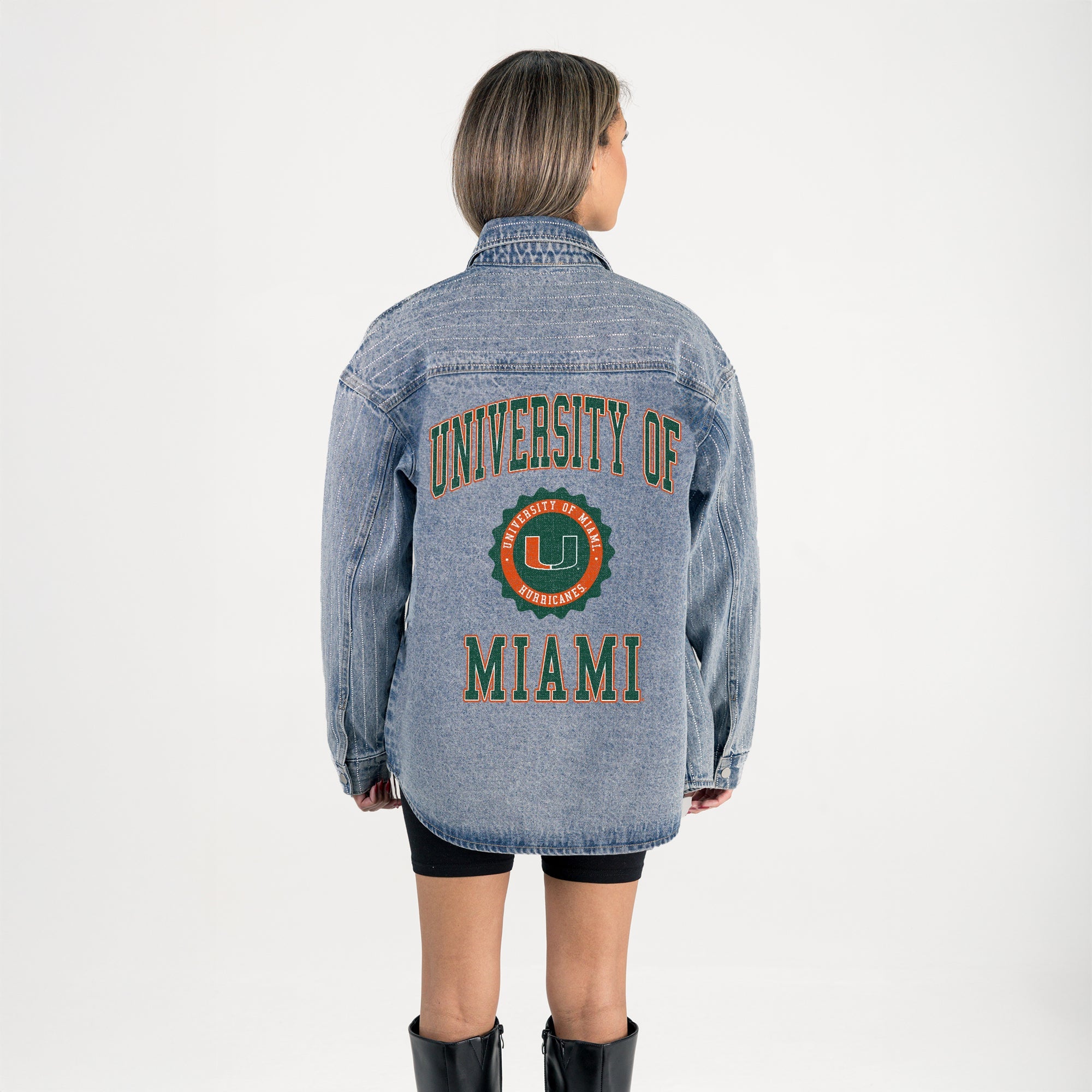 MIAMI HURRICANES STYLES THE LIMIT MICRO-RHINESTONE DENIM OVERSHIRT