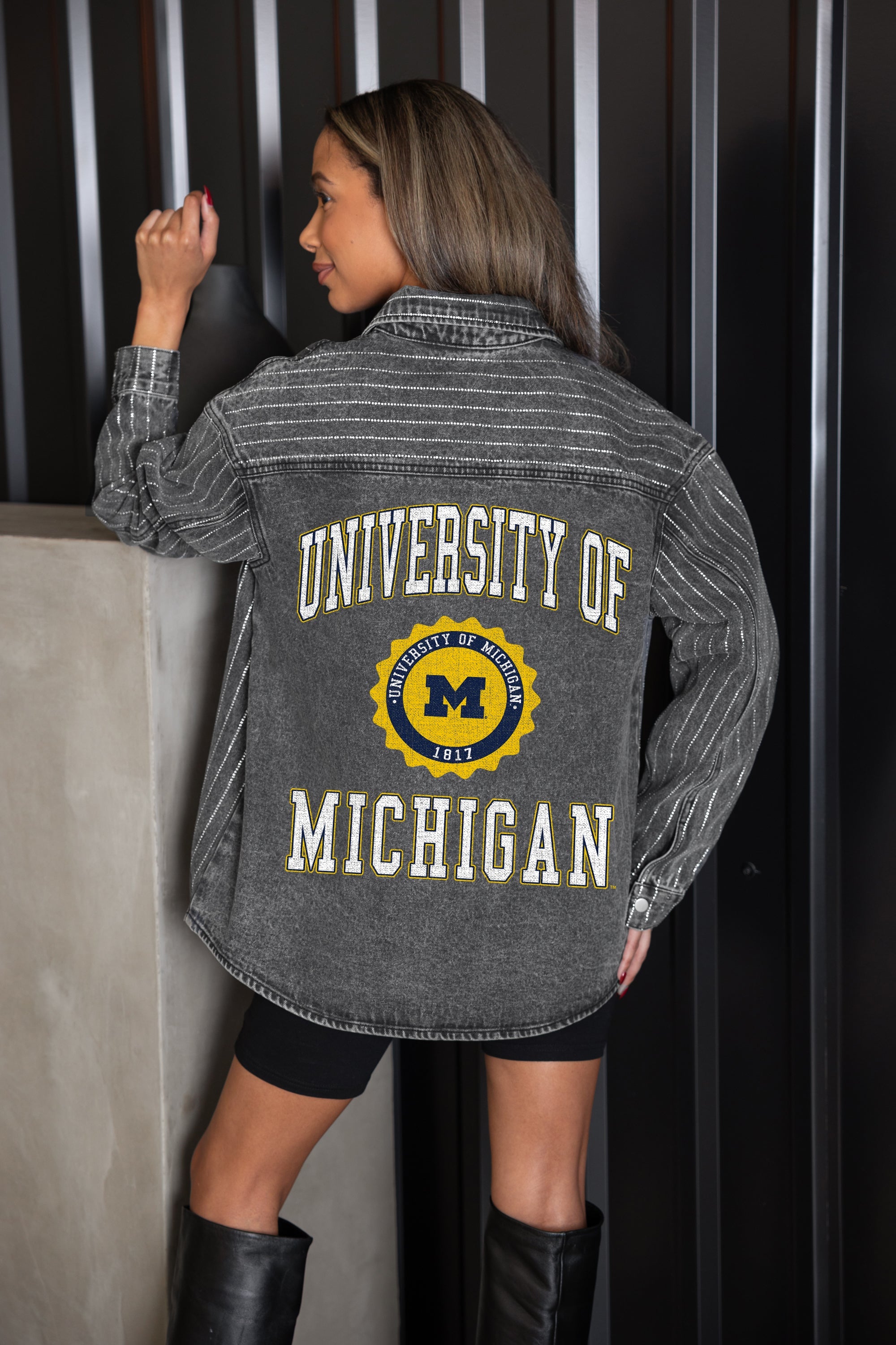 MICHIGAN WOLVERINES STYLES THE LIMIT MICRO-RHINESTONE DENIM OVERSHIRT IN BLACK