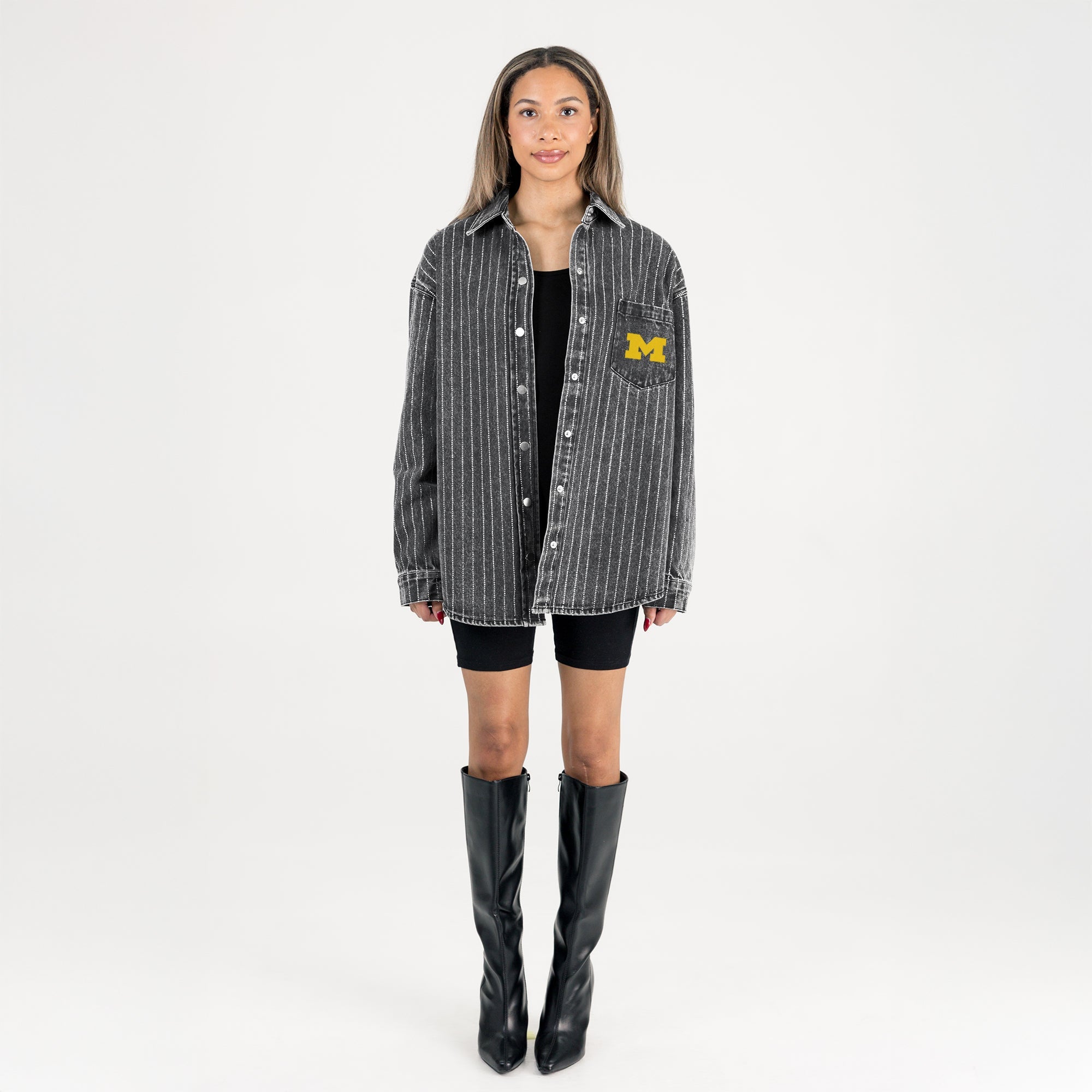 MICHIGAN WOLVERINES STYLES THE LIMIT MICRO-RHINESTONE DENIM OVERSHIRT IN BLACK