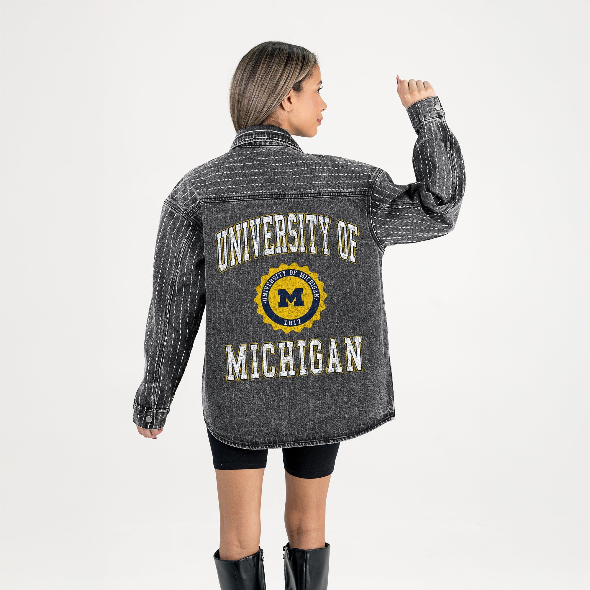 MICHIGAN WOLVERINES STYLES THE LIMIT MICRO-RHINESTONE DENIM OVERSHIRT IN BLACK