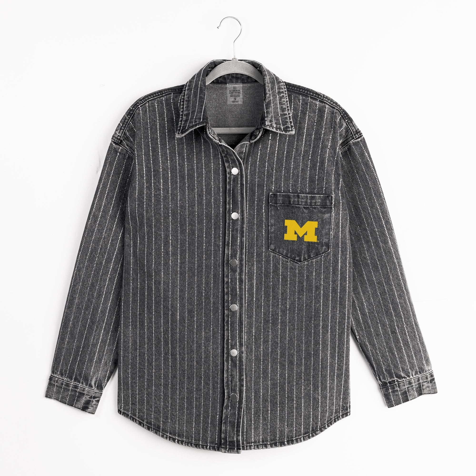 MICHIGAN WOLVERINES STYLES THE LIMIT MICRO-RHINESTONE DENIM OVERSHIRT IN BLACK