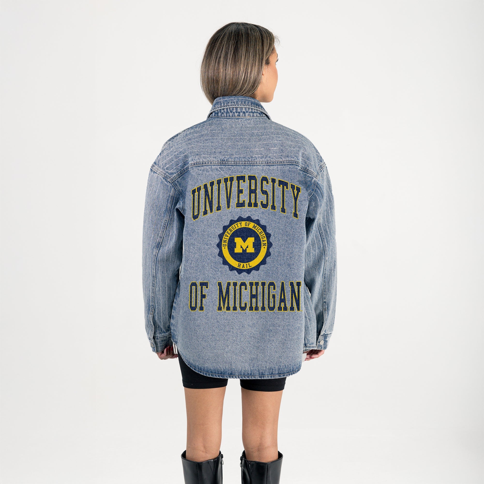 MICHIGAN WOLVERINES STYLES THE LIMIT MICRO-RHINESTONE DENIM OVERSHIRT