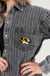MISSOURI TIGERS STYLES THE LIMIT MICRO-RHINESTONE DENIM OVERSHIRT IN BLACK
