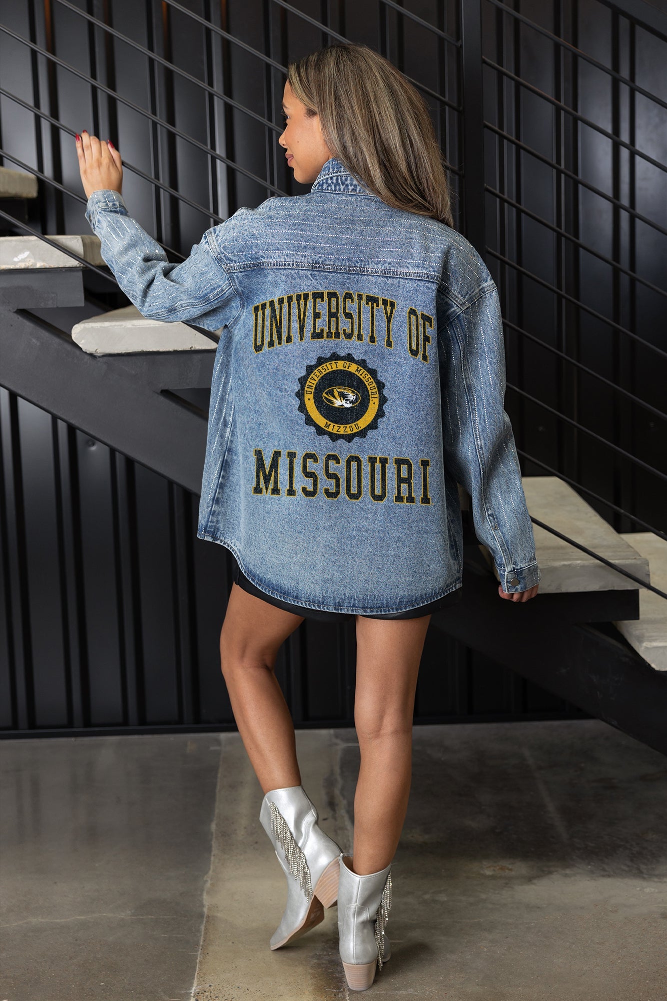 MISSOURI TIGERS STYLES THE LIMIT MICRO-RHINESTONE DENIM OVERSHIRT