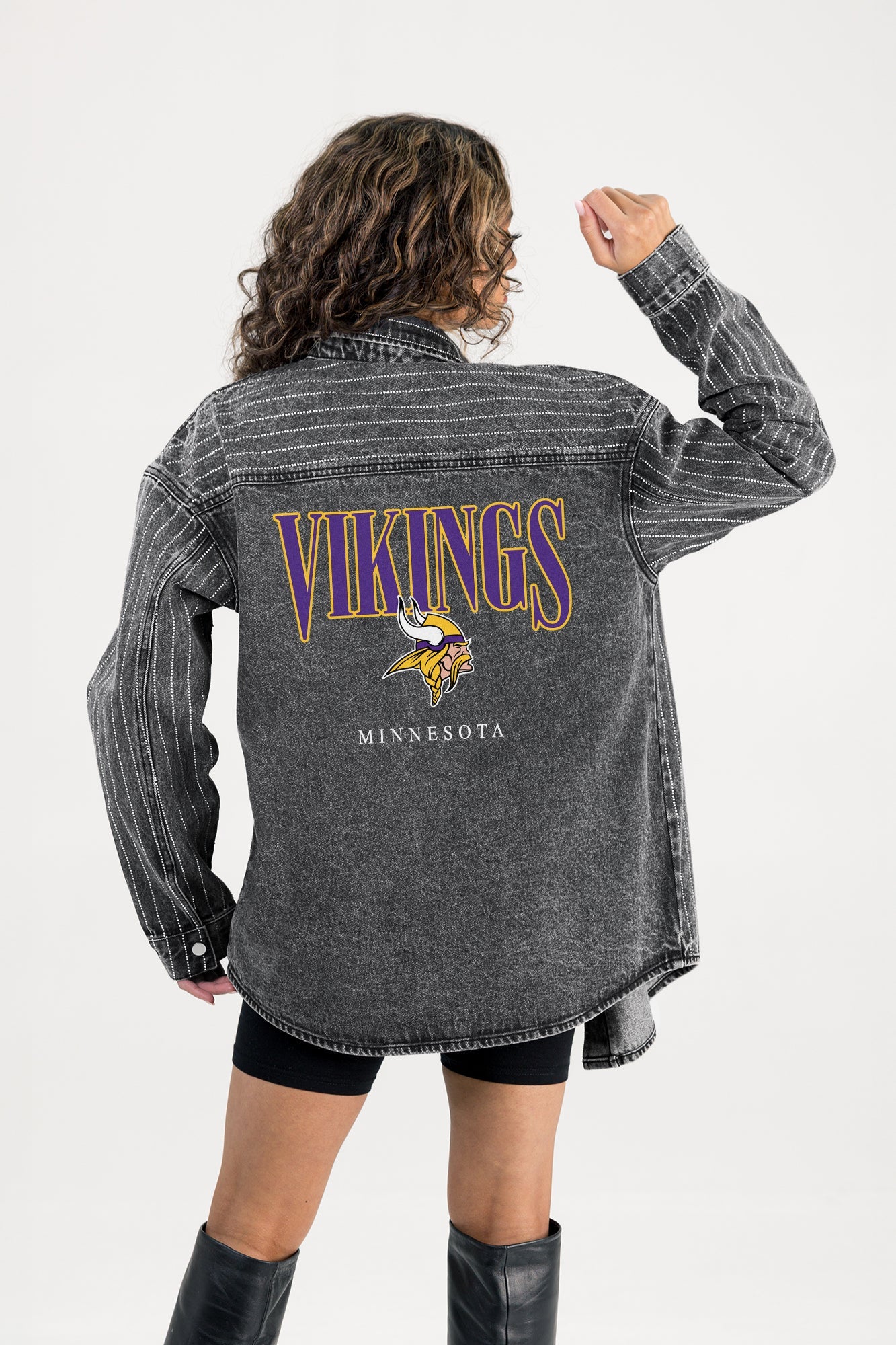 MINNESOTA VIKINGS END ZONE ENERGY MICRO-RHINESTONE OVERSHIRT BY RANDI MAHOMES