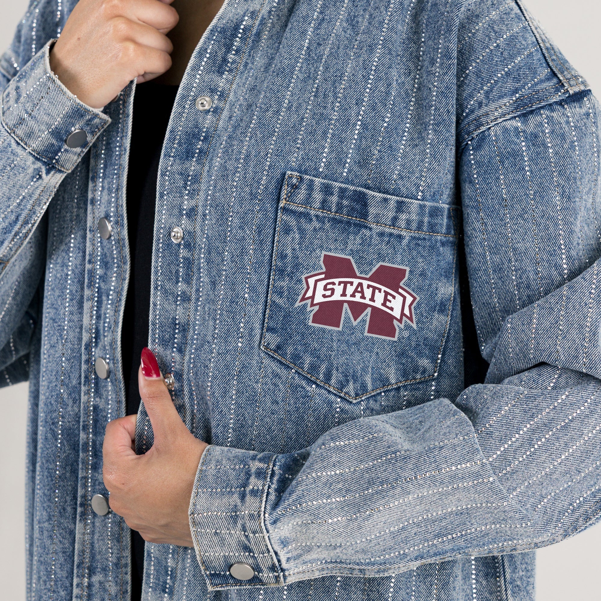 MISSISSIPPI STATE BULLDOGS STYLES THE LIMIT MICRO-RHINESTONE DENIM OVERSHIRT