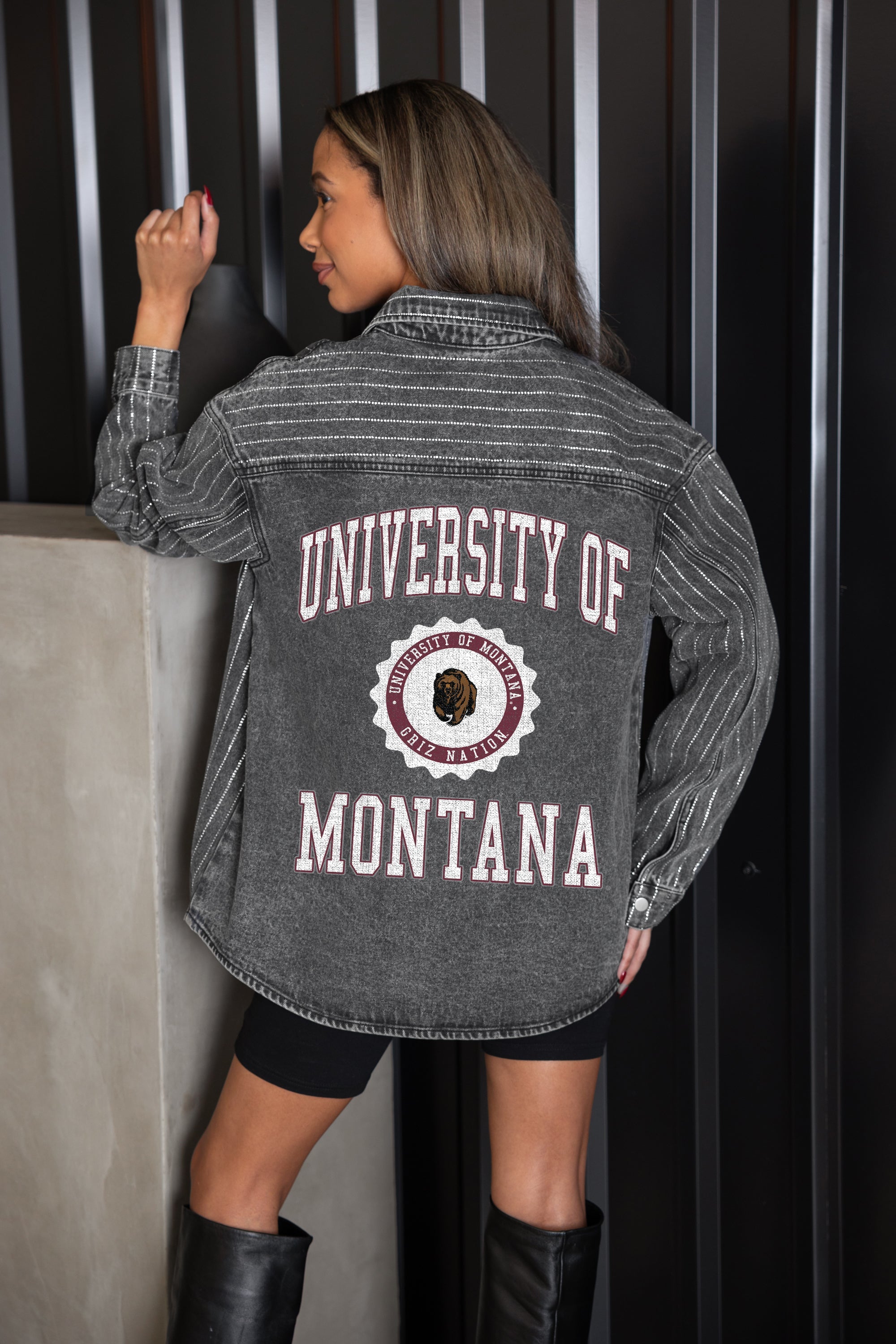 MONTANA GRIZZLIES STYLES THE LIMIT MICRO-RHINESTONE DENIM OVERSHIRT IN BLACK
