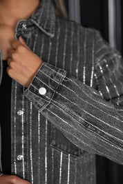 MONTANA GRIZZLIES STYLES THE LIMIT MICRO-RHINESTONE DENIM OVERSHIRT IN BLACK