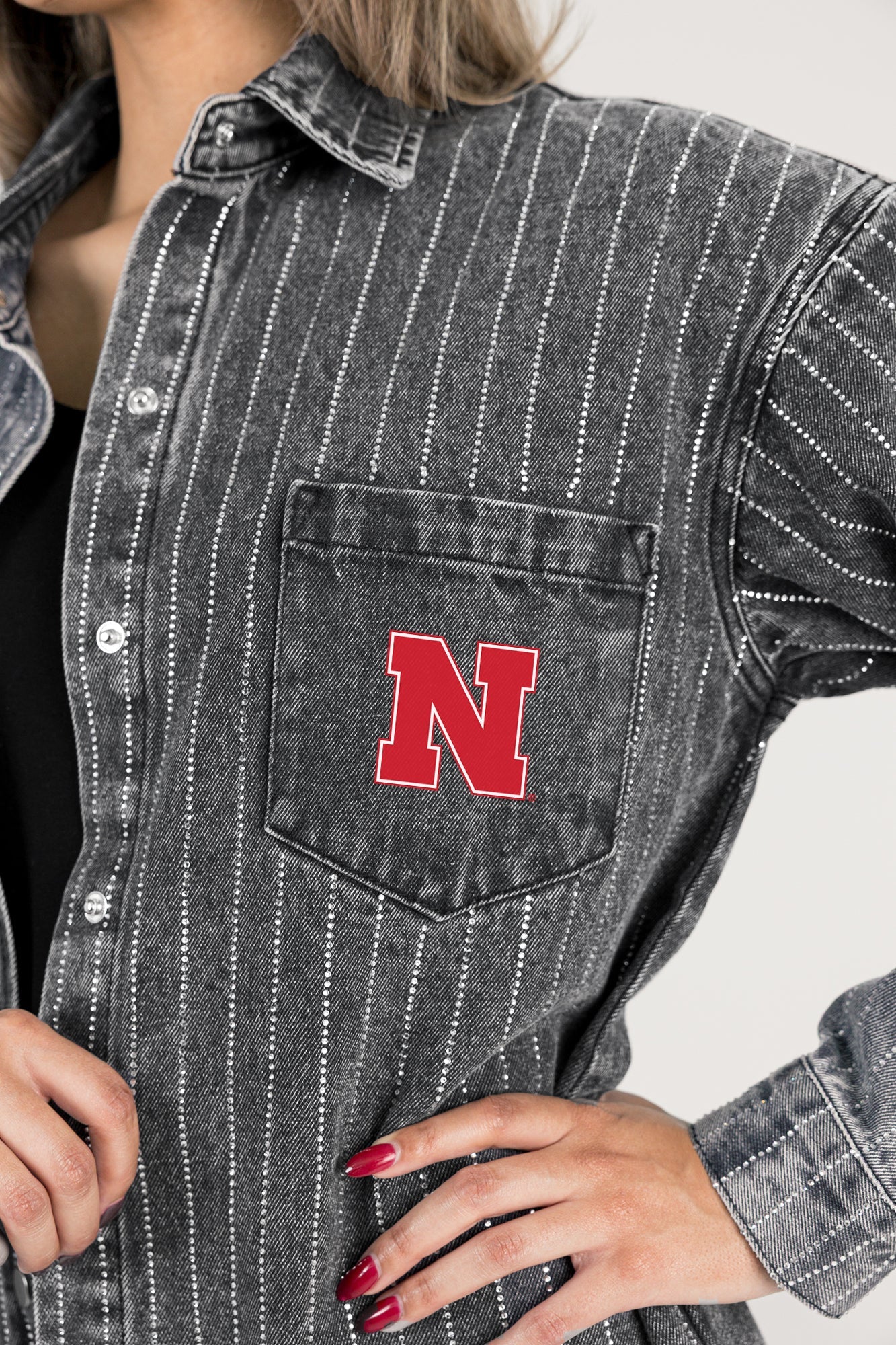 NEBRASKA CORNHUSKERS STYLES THE LIMIT MICRO-RHINESTONE DENIM OVERSHIRT IN BLACK