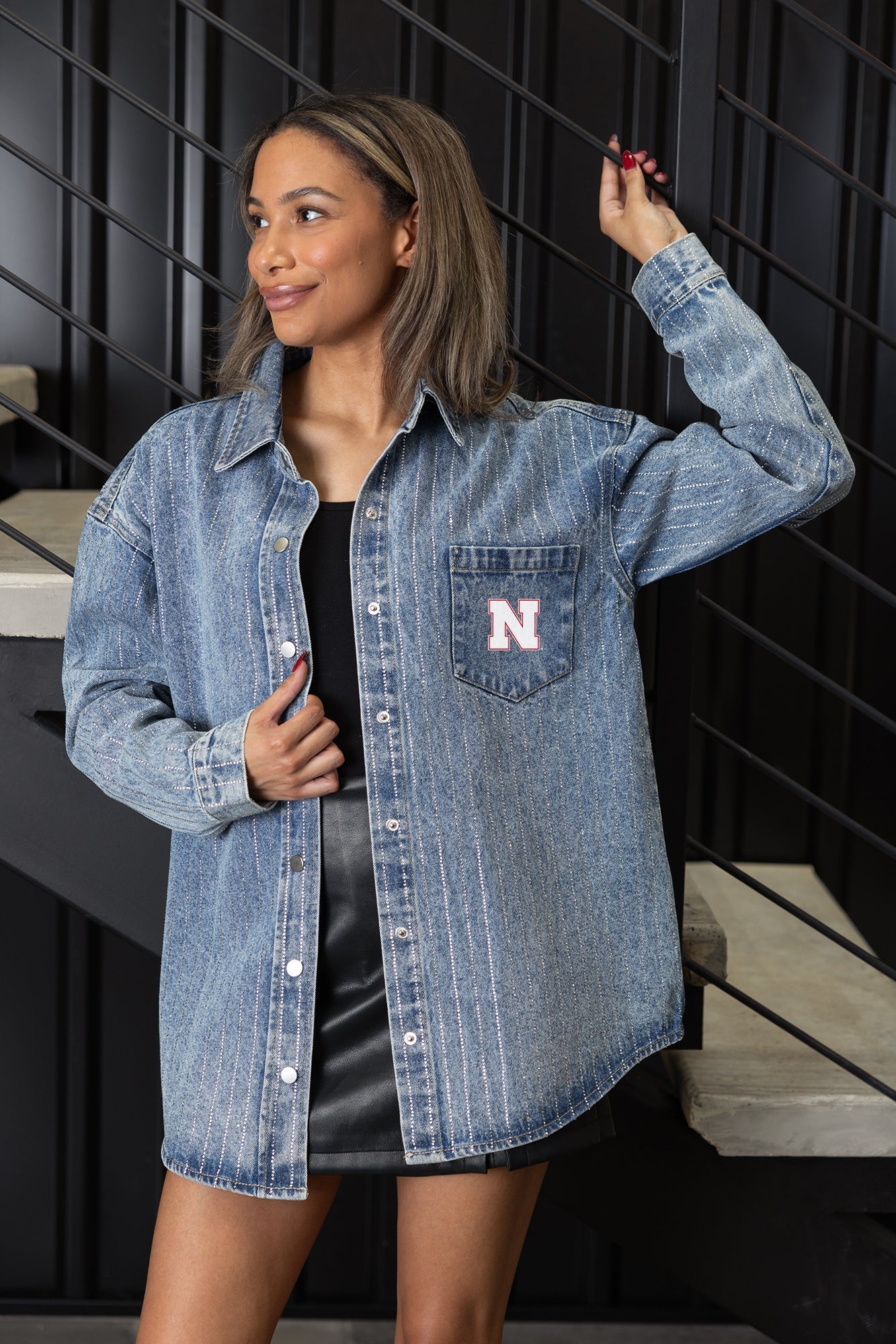 NEBRASKA CORNHUSKERS STYLES THE LIMIT MICRO-RHINESTONE DENIM OVERSHIRT