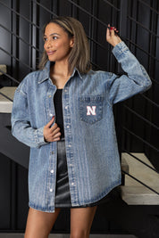 NEBRASKA CORNHUSKERS STYLES THE LIMIT MICRO-RHINESTONE DENIM OVERSHIRT