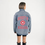 NEBRASKA CORNHUSKERS STYLES THE LIMIT MICRO-RHINESTONE DENIM OVERSHIRT