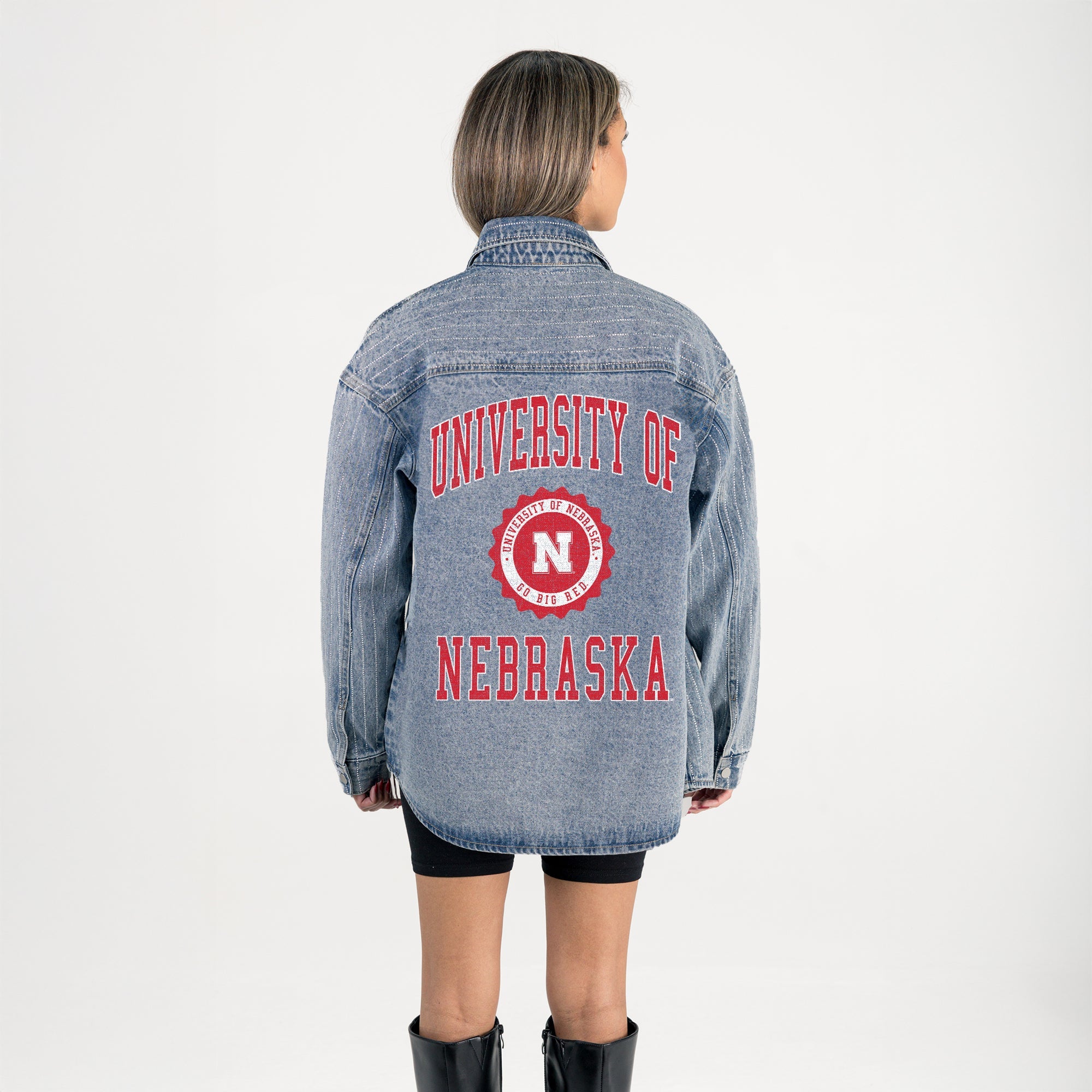 NEBRASKA CORNHUSKERS STYLES THE LIMIT MICRO-RHINESTONE DENIM OVERSHIRT