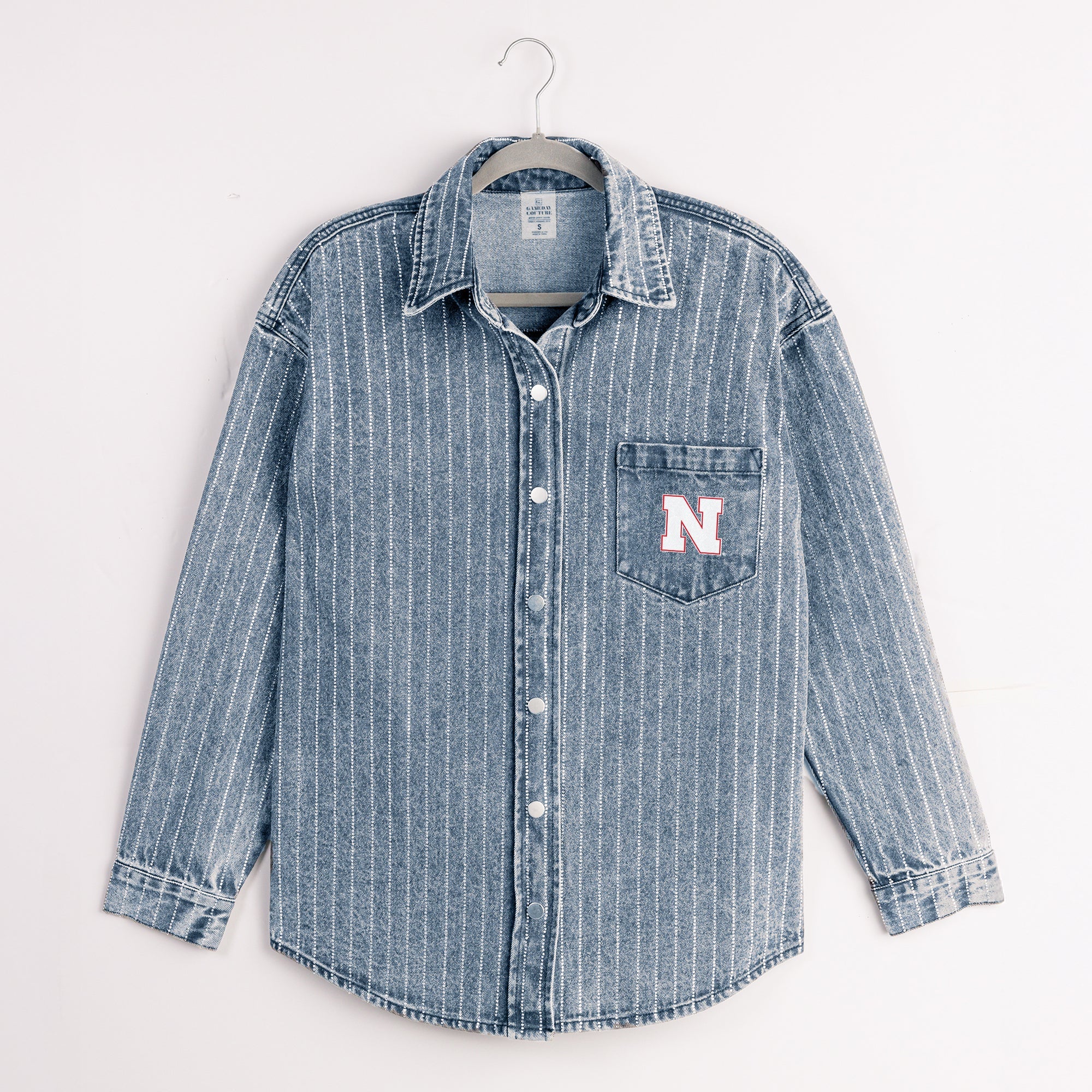 NEBRASKA CORNHUSKERS STYLES THE LIMIT MICRO-RHINESTONE DENIM OVERSHIRT