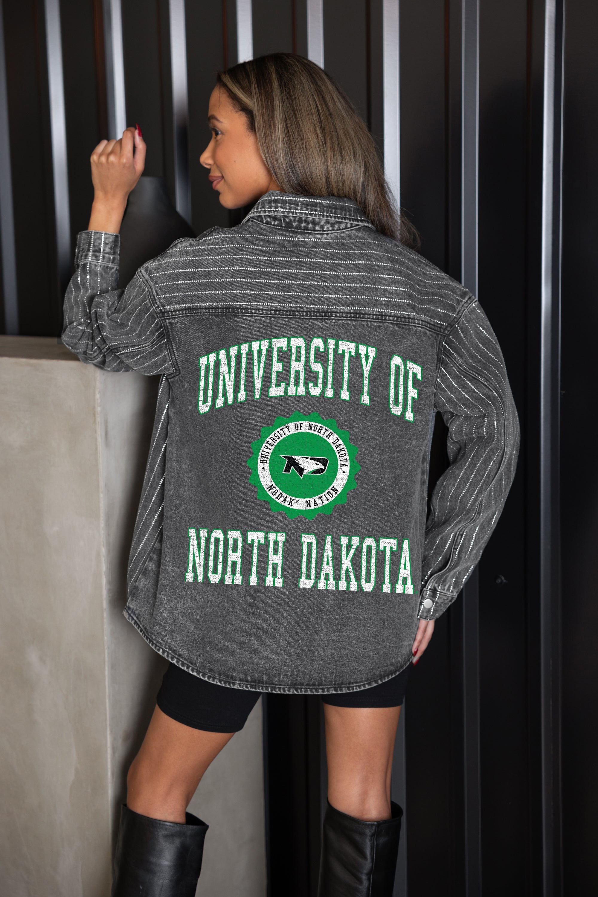 NORTH DAKOTA FIGHTING HAWKS STYLES THE LIMIT MICRO-RHINESTONE DENIM OVERSHIRT IN BLACK