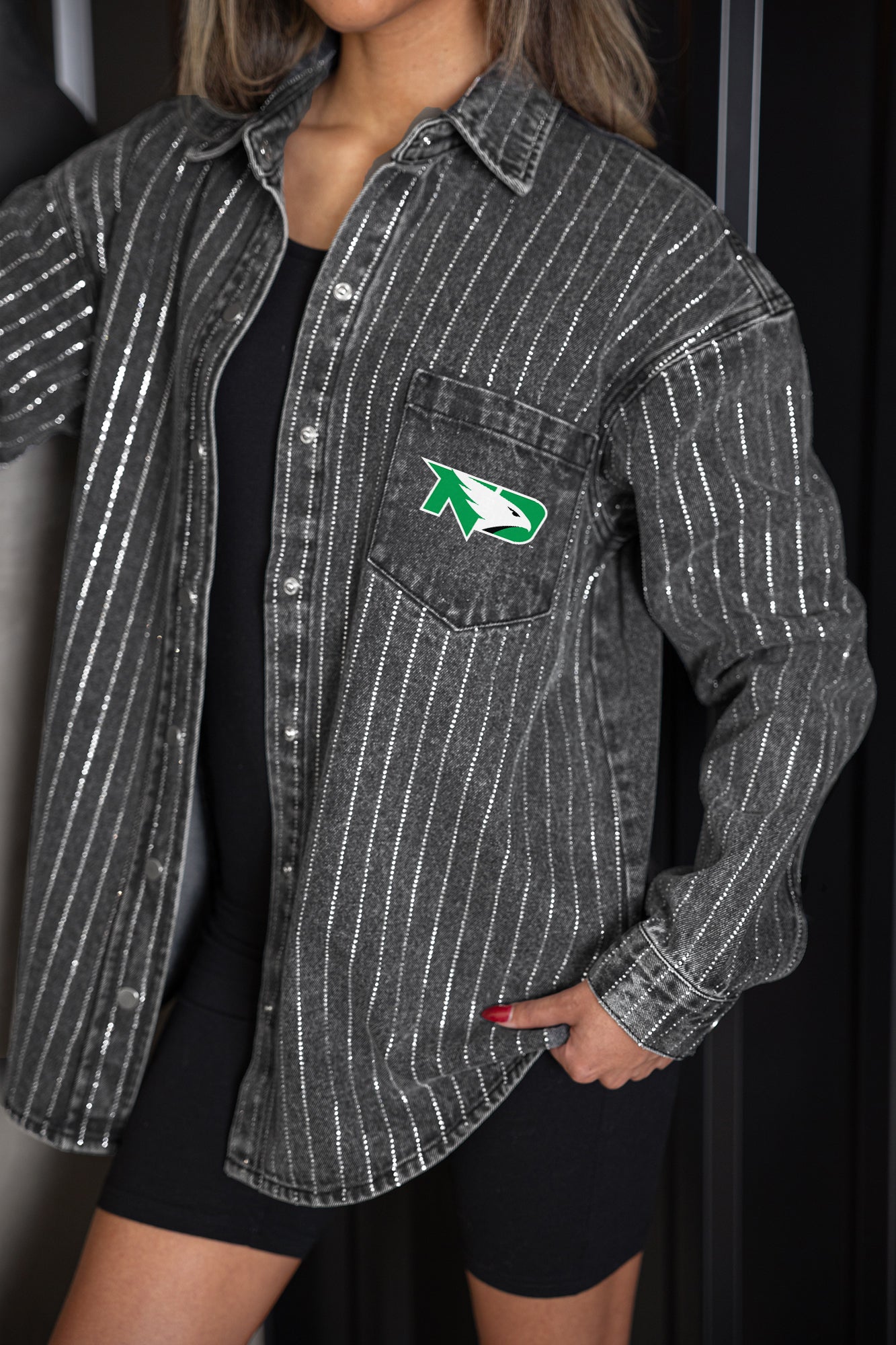 NORTH DAKOTA FIGHTING HAWKS STYLES THE LIMIT MICRO-RHINESTONE DENIM OVERSHIRT IN BLACK
