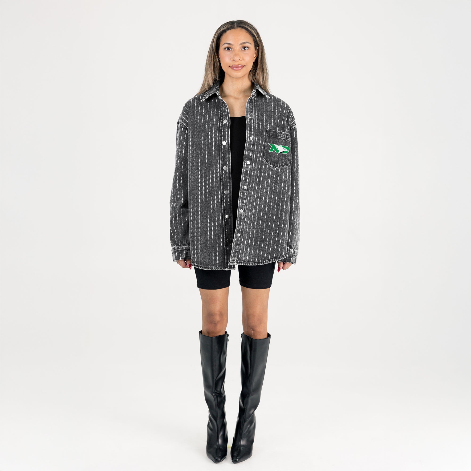 NORTH DAKOTA FIGHTING HAWKS STYLES THE LIMIT MICRO-RHINESTONE DENIM OVERSHIRT IN BLACK
