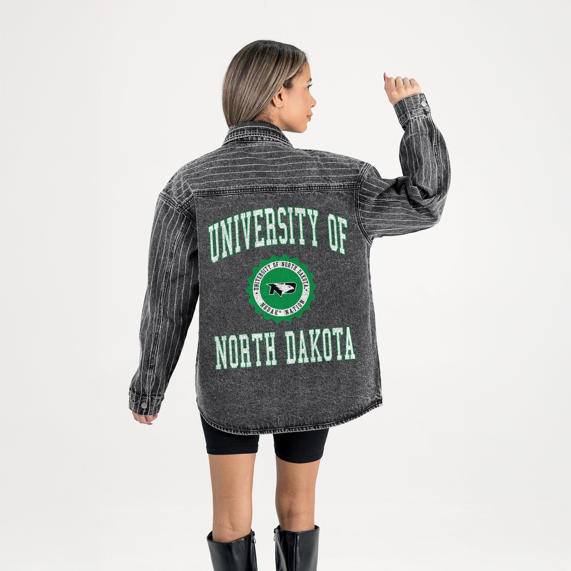NORTH DAKOTA FIGHTING HAWKS STYLES THE LIMIT MICRO-RHINESTONE DENIM OVERSHIRT IN BLACK