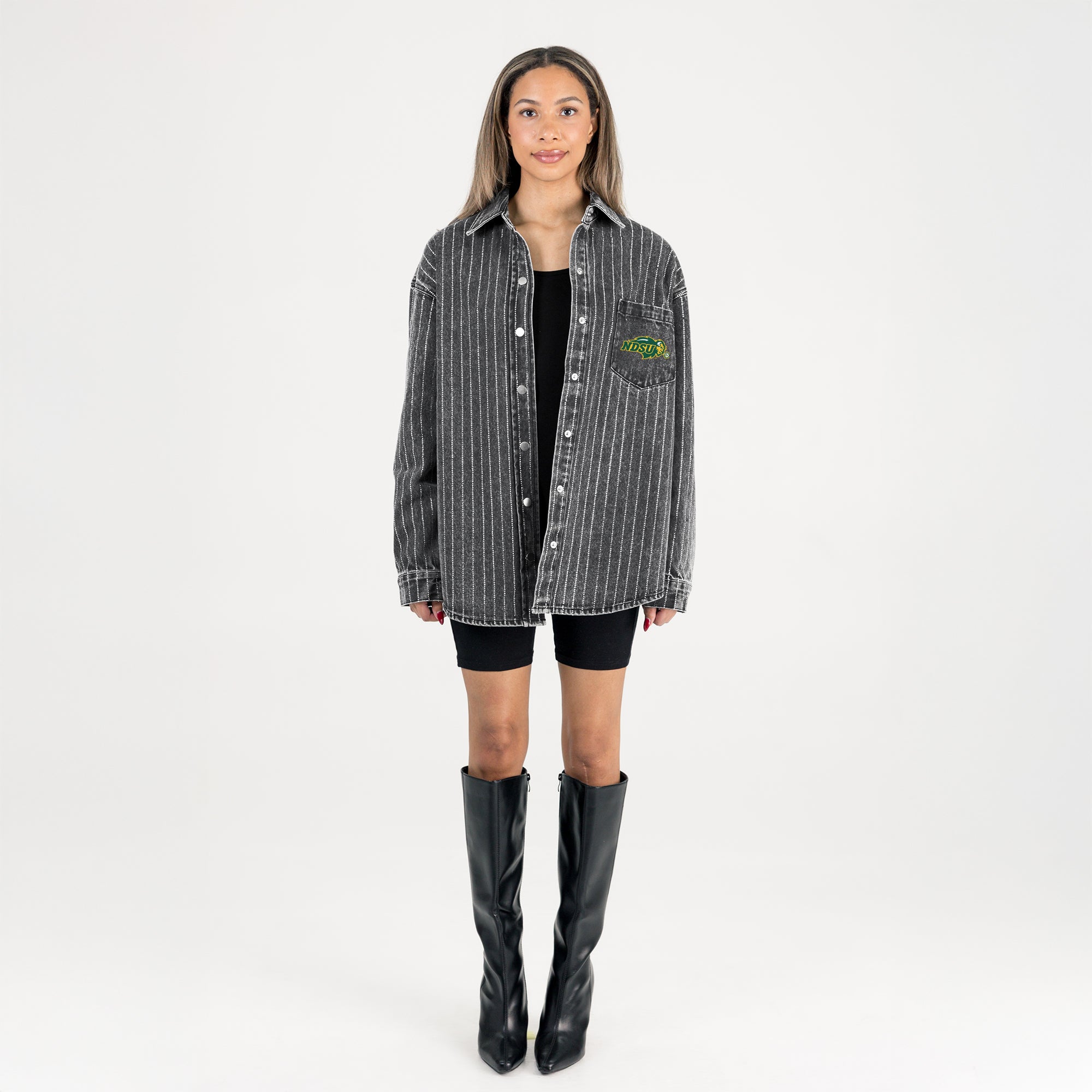NORTH DAKOTA STATE BISON STYLES THE LIMIT MICRO-RHINESTONE DENIM OVERSHIRT IN BLACK